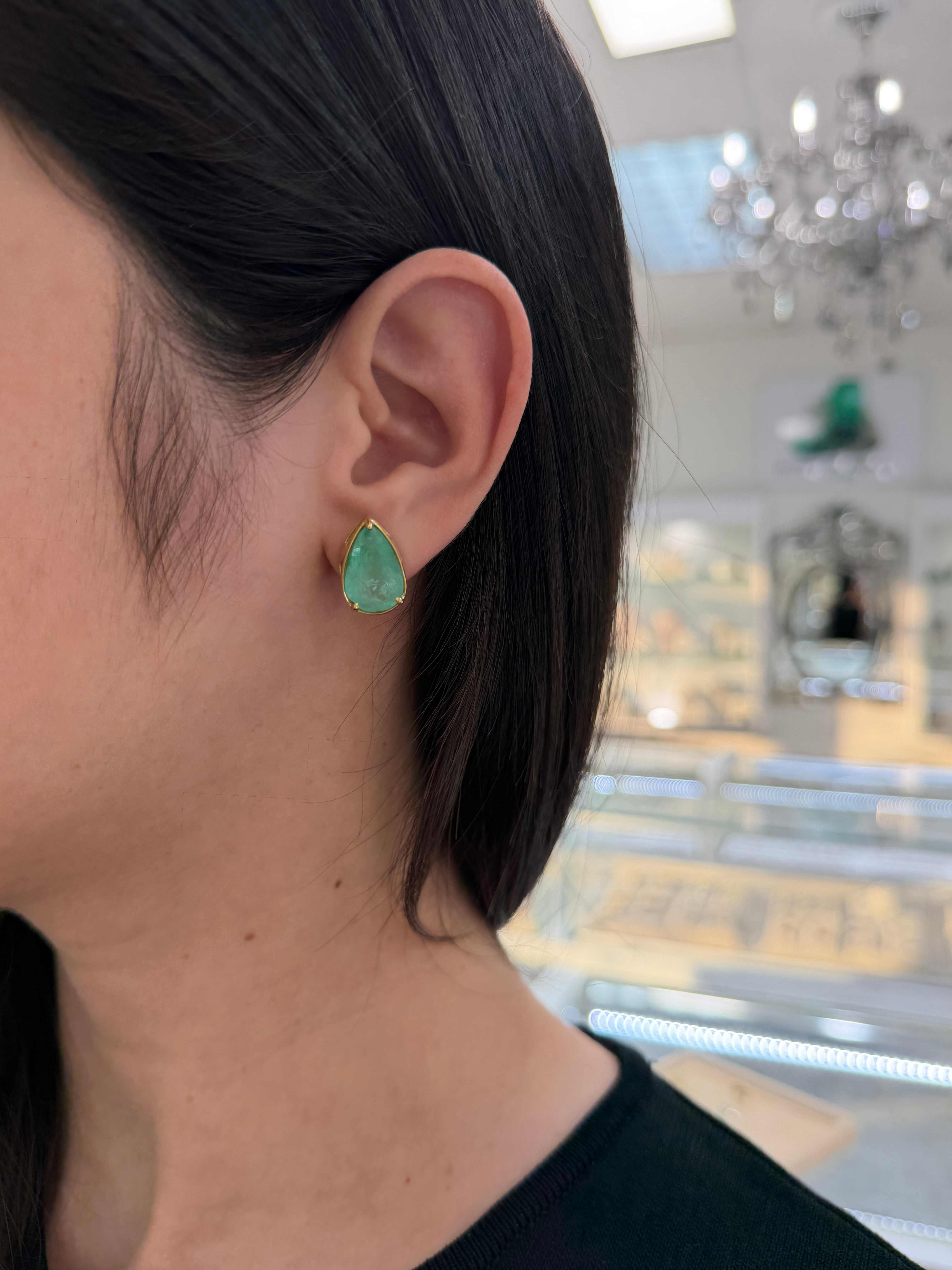 11.51tcw XL Earthy Colombian Emerald Three Prong Studs 14K