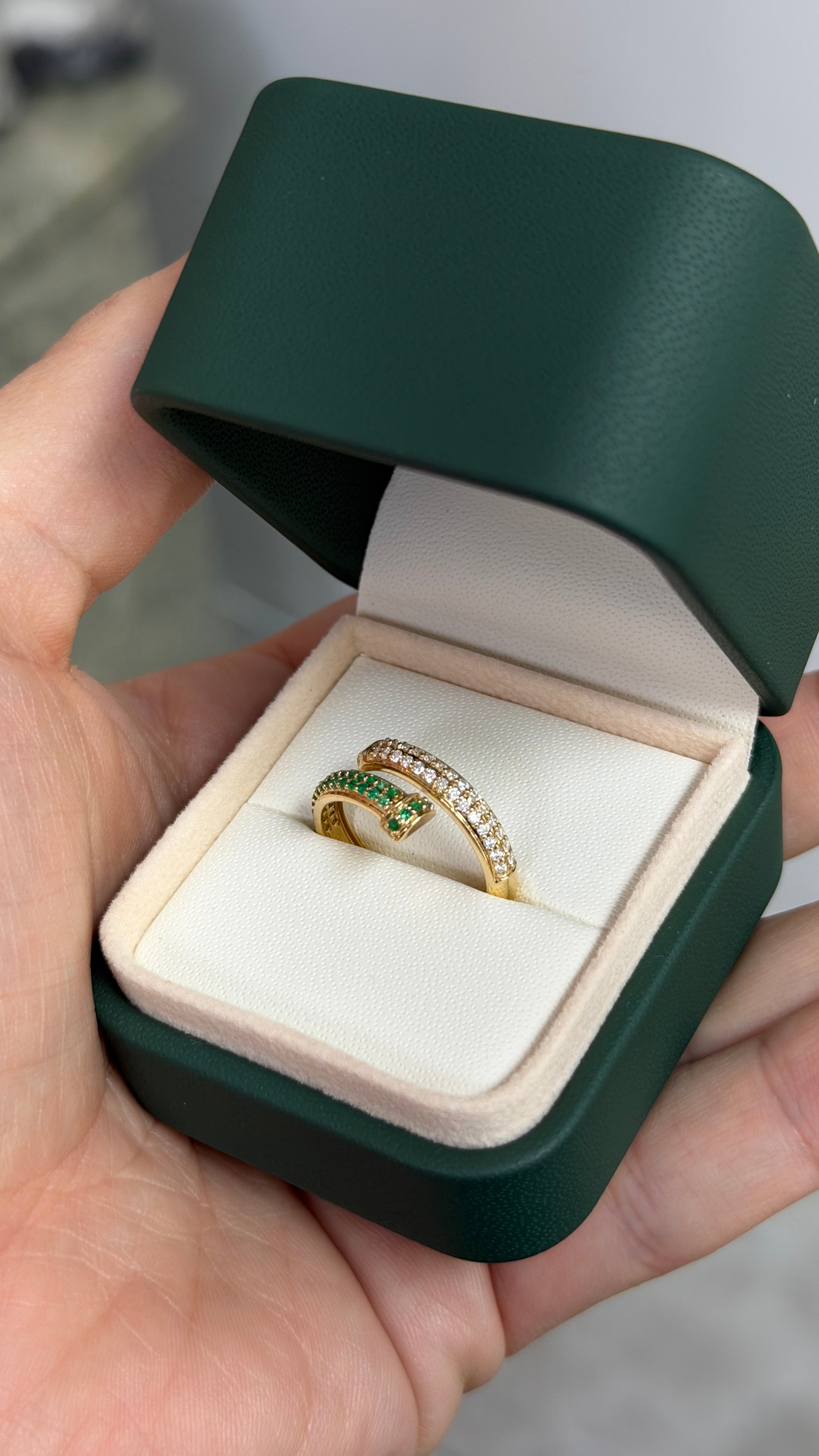 Nail Ring in Natural Emerald & Diamond 14K Size 7 - JR Colombian Emeralds