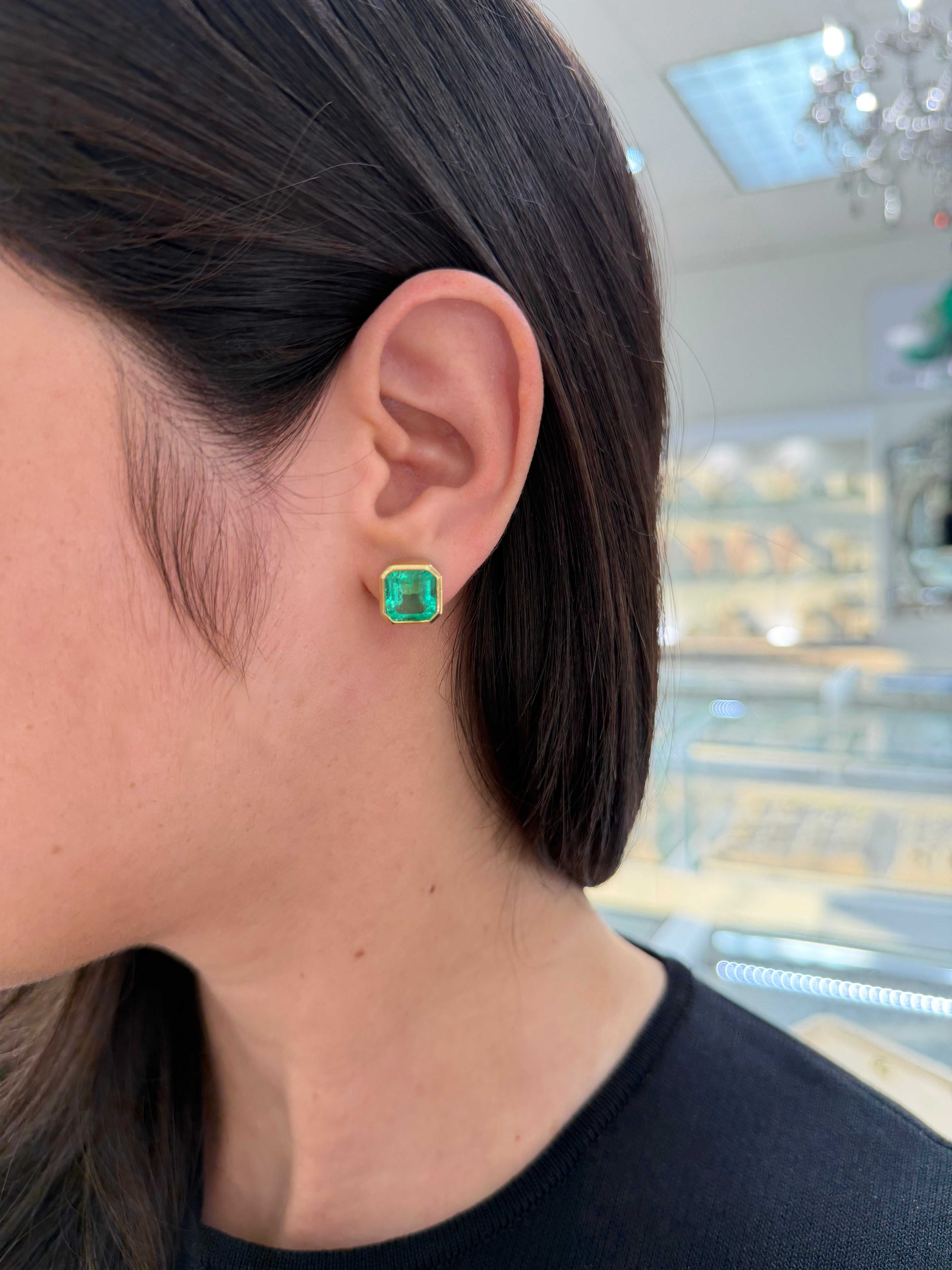 6.23tcw Asscher Cut Colombian Emerald Bezel Set Studs 18K