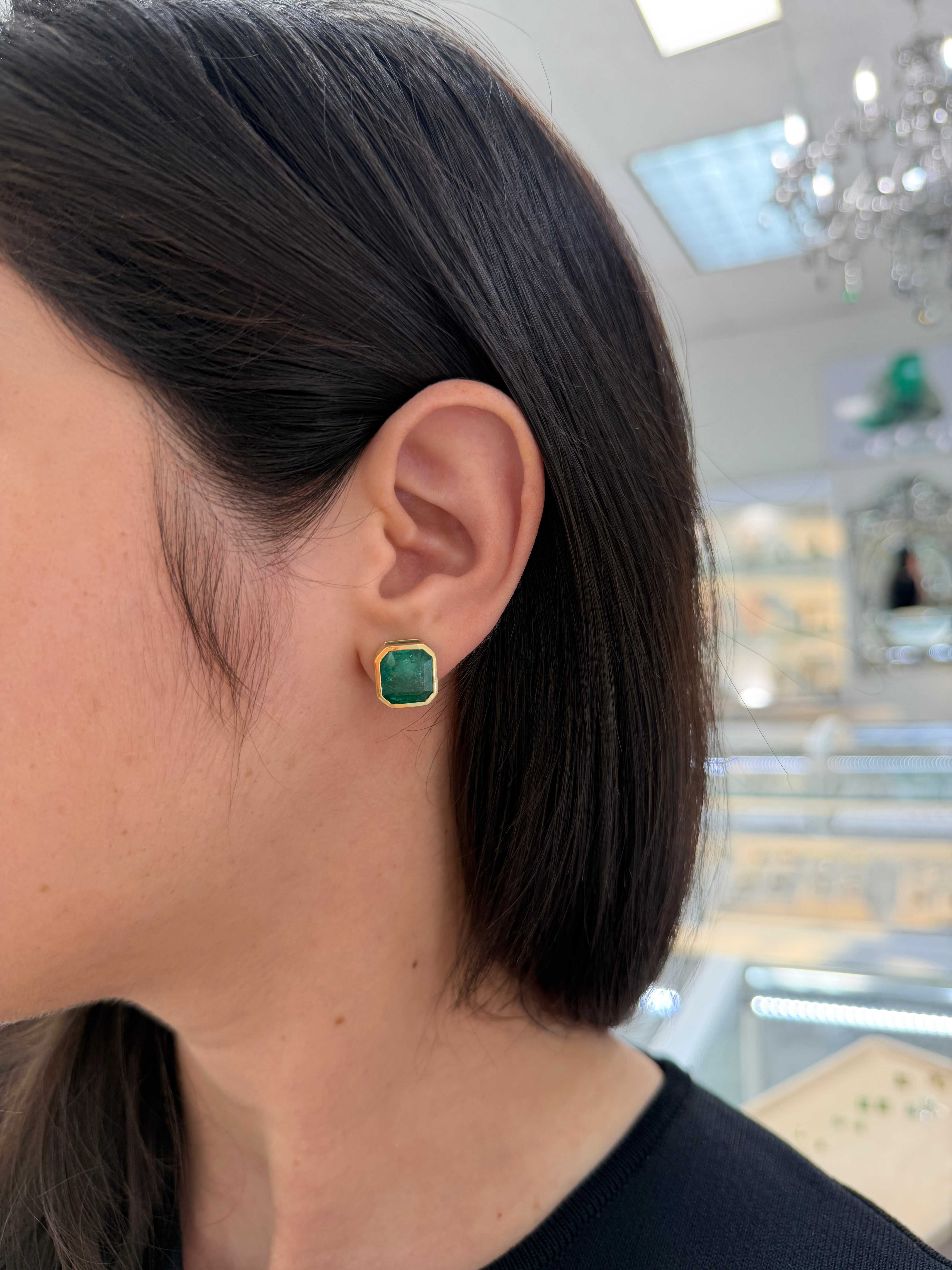 11.95tcw XL Asscher Cut Emerald Bezel Earrings 18K