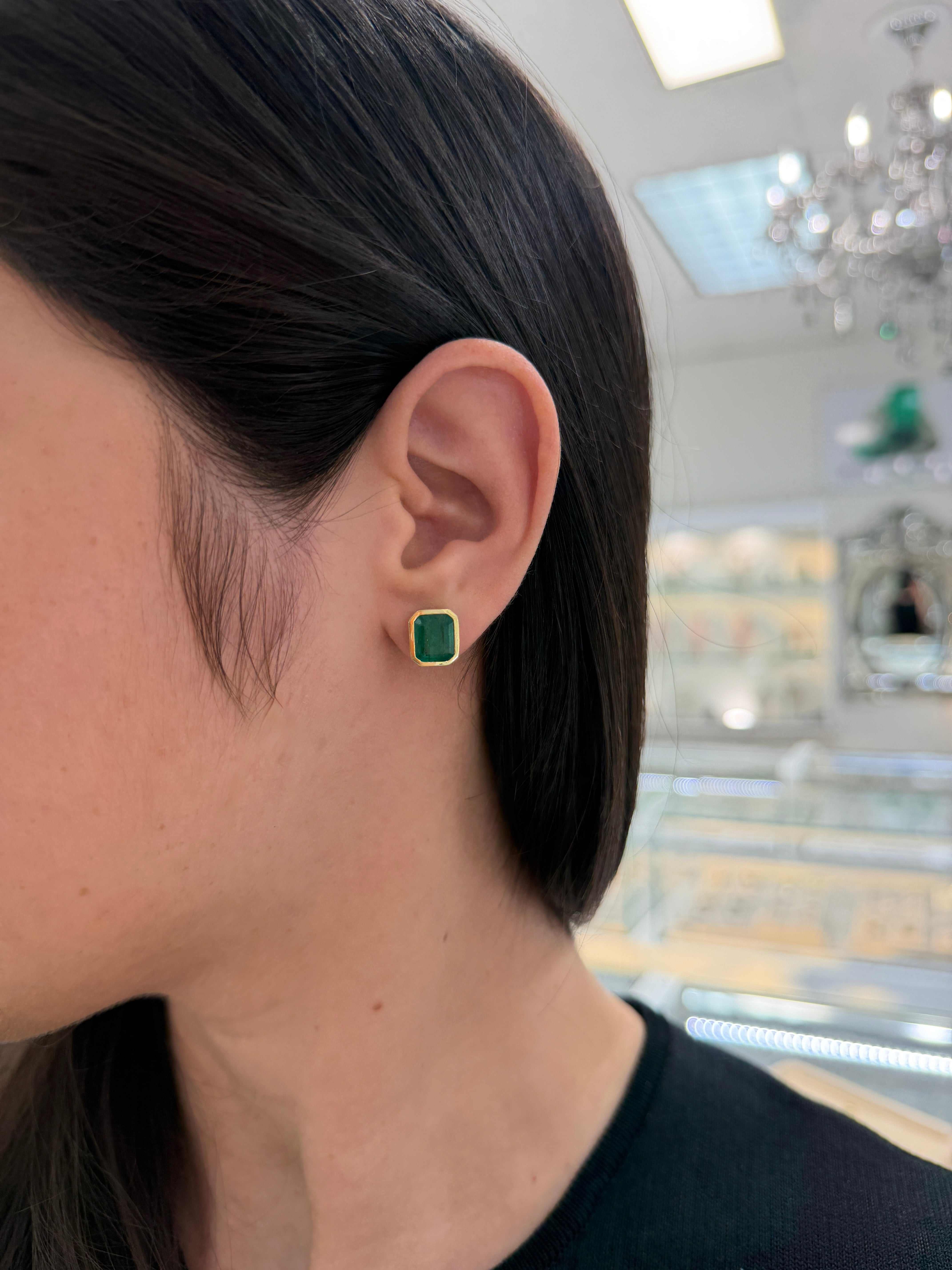 4.56tcw Emerald Cut Emerald Bezel Studs 18K