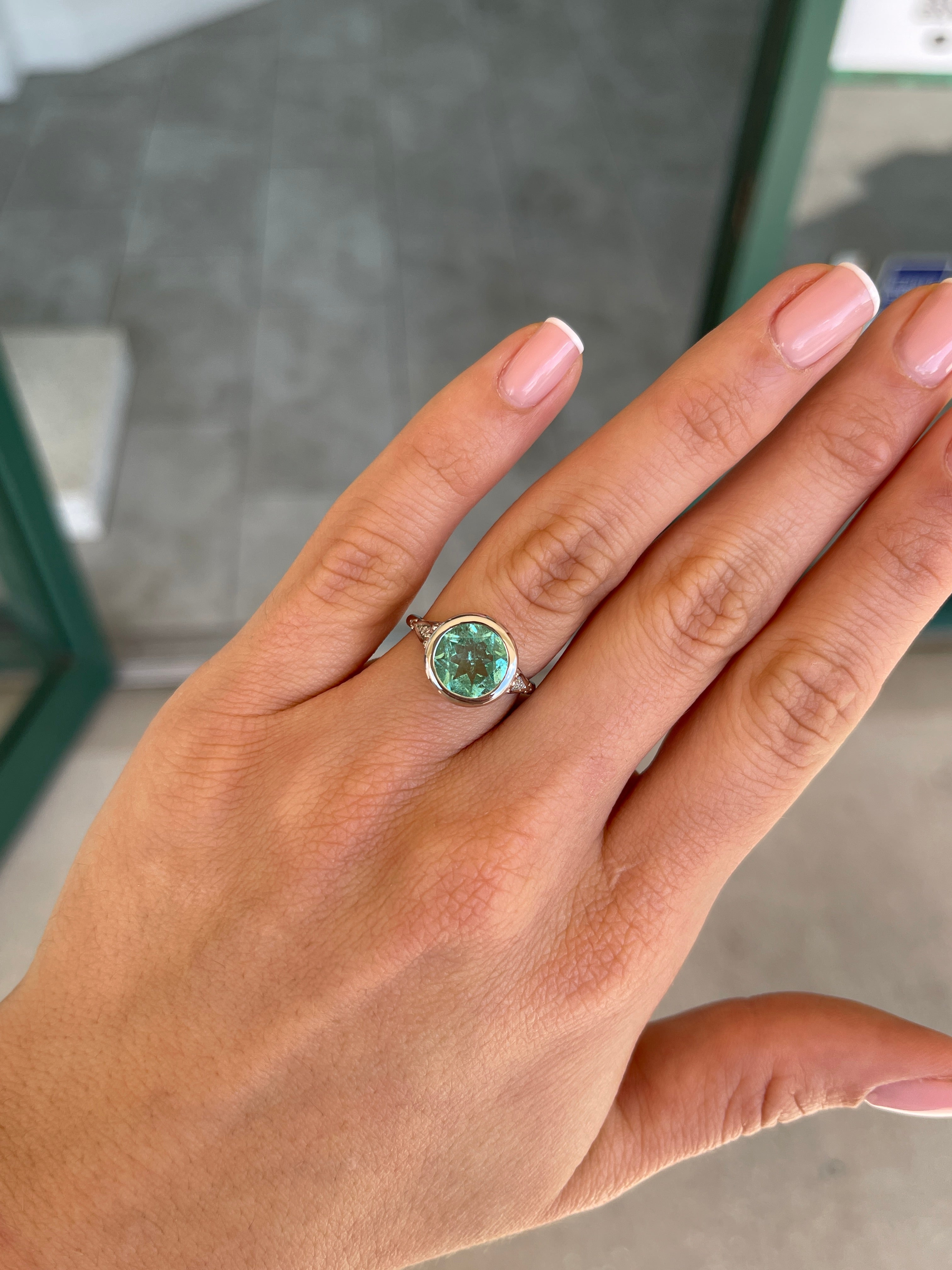 2.53 Carat Round Colombian Emerald Vintage Bezel Set Solitaire with Diamond Ring 14K White