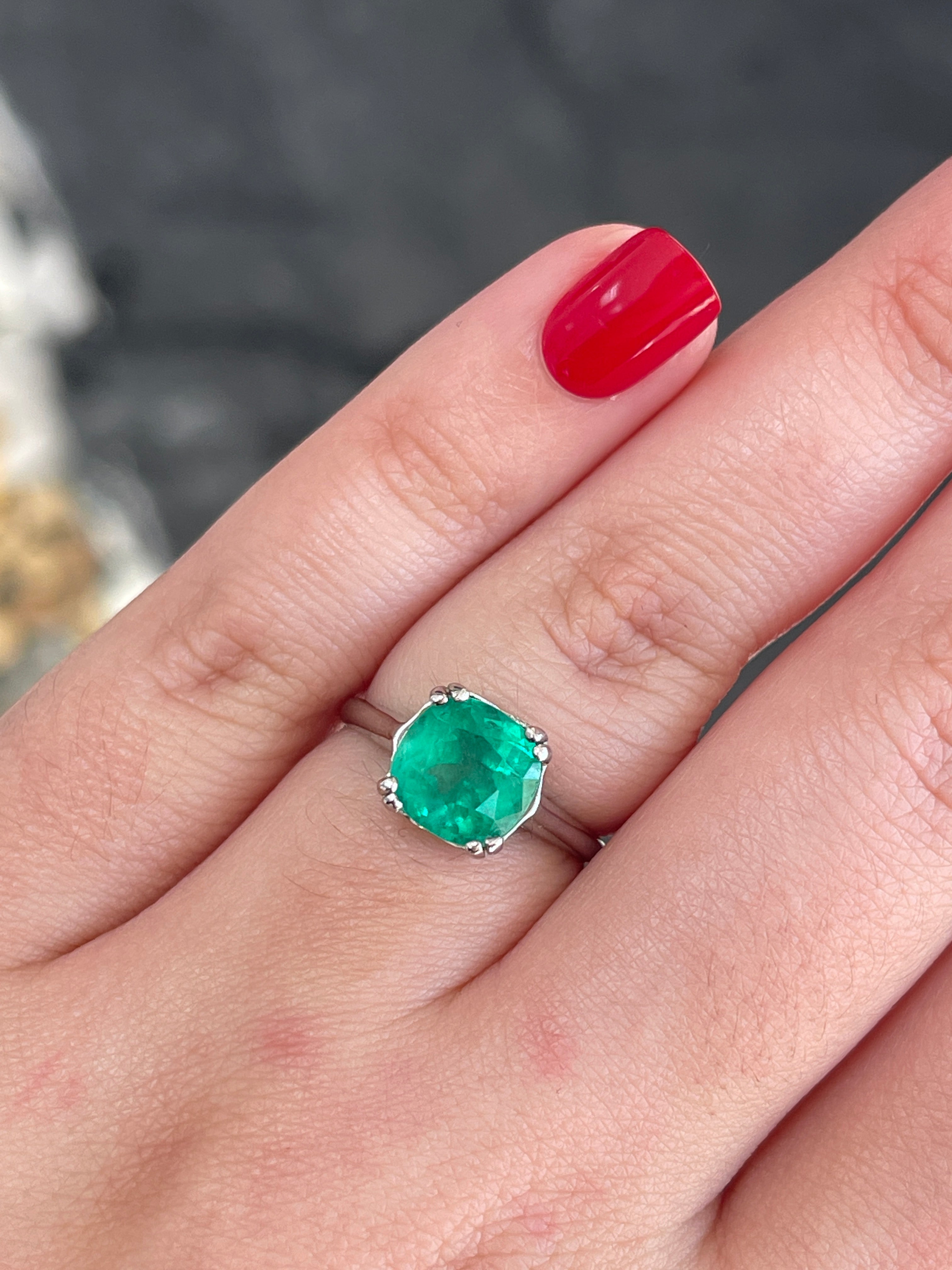 2.42ct 14K Natural Cushion Cut Rich Vivid Green Double Prong Emerald Solitaire White Gold Ring - JR Colombian Emeralds