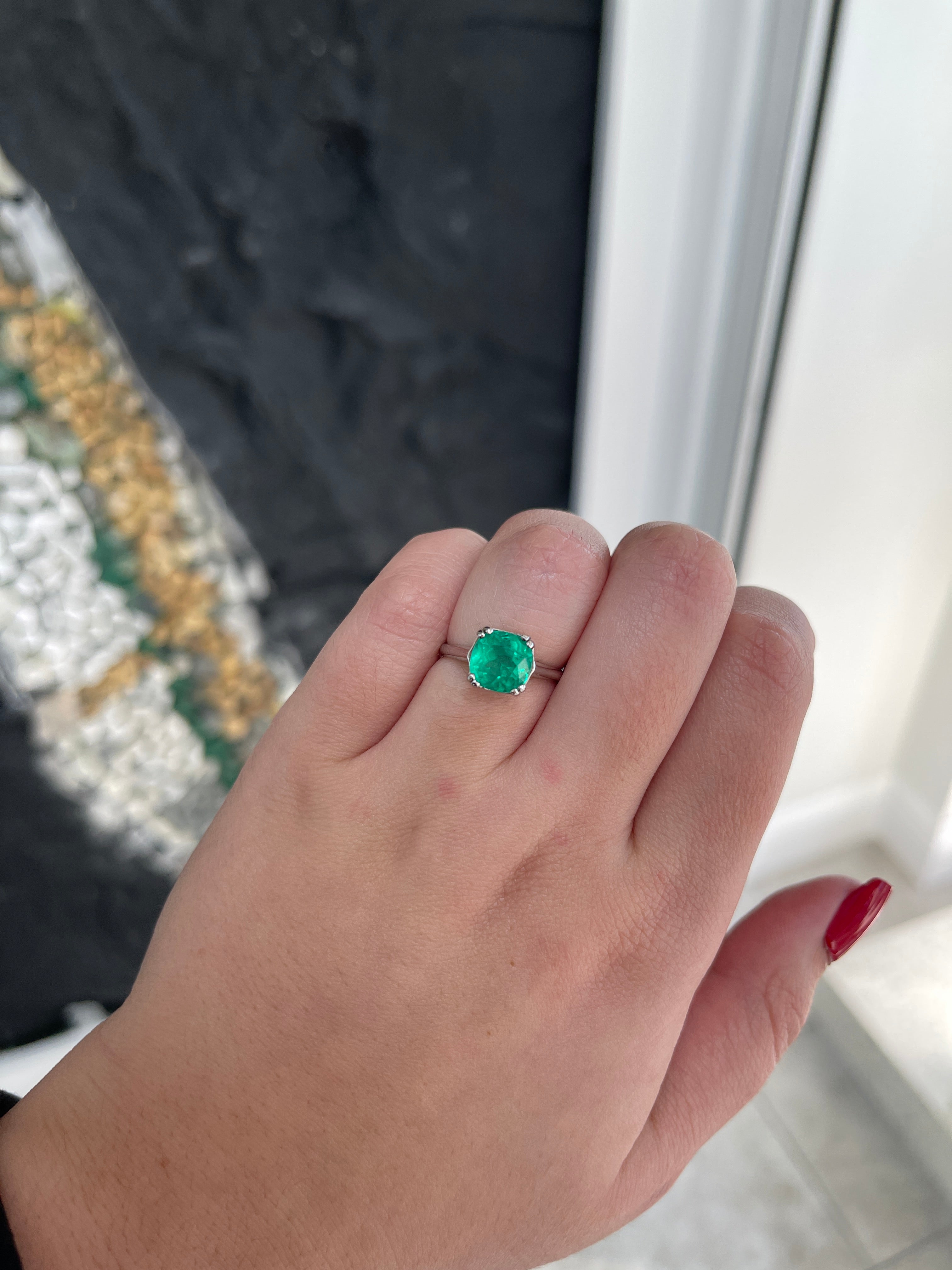 2.42ct 14K Natural Cushion Cut Rich Vivid Green Double Prong Emerald Solitaire White Gold Ring - JR Colombian Emeralds