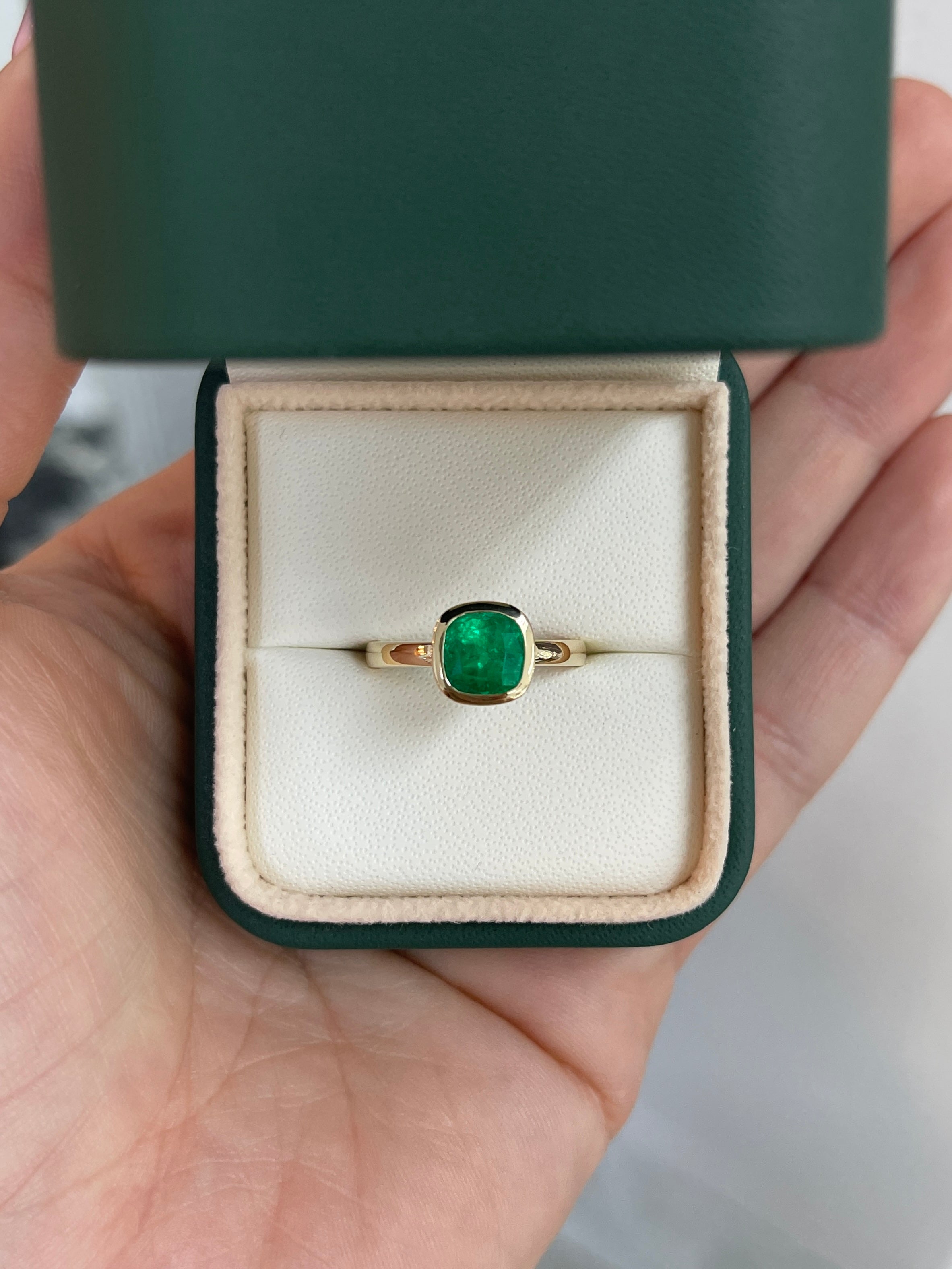 1.82ct 18K Bezel Set Muzo Cushion Cut Colombian Emerald Solitaire Ring - JR Colombian Emeralds