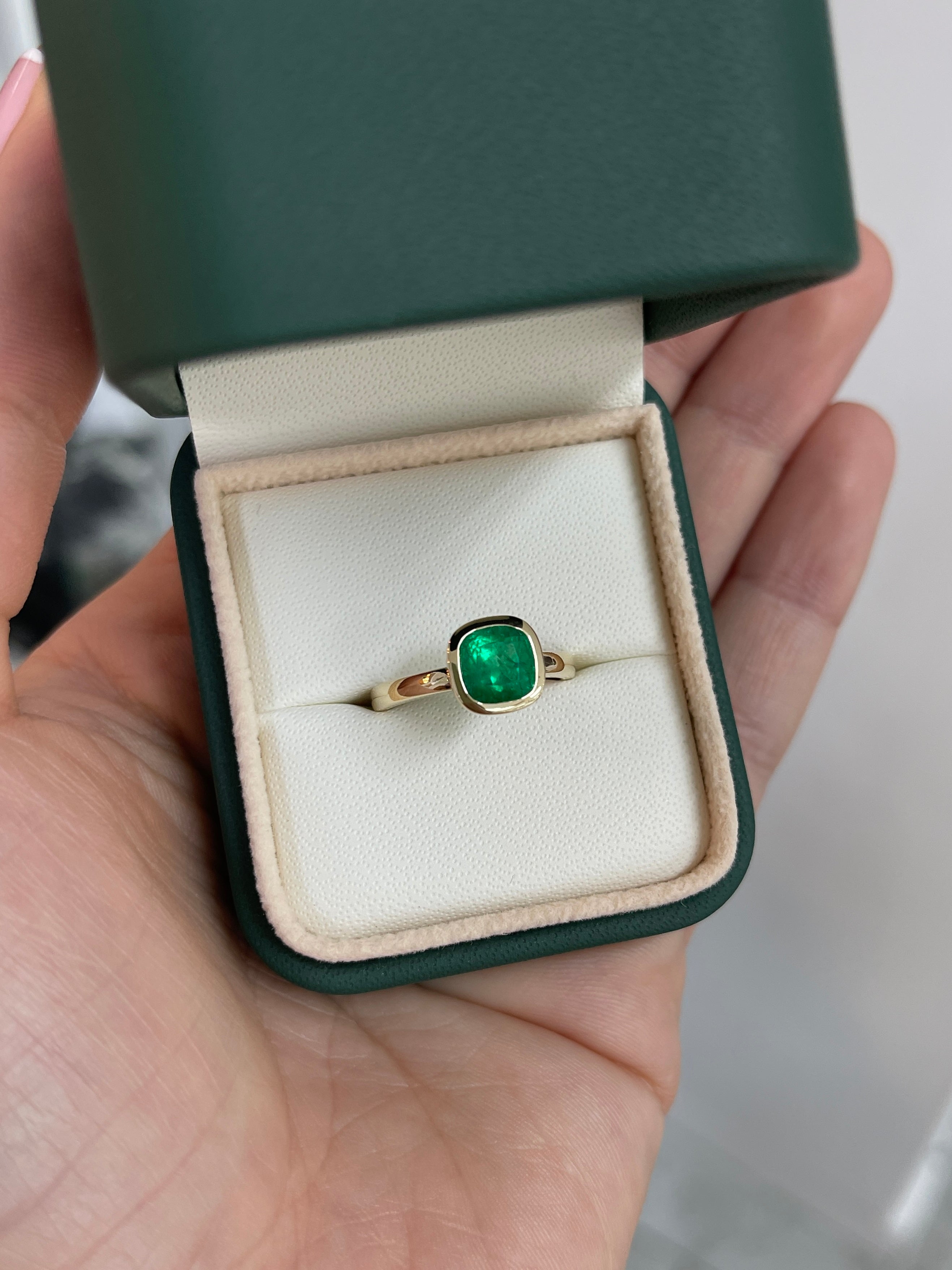 1.82ct 18K Bezel Set Muzo Cushion Cut Colombian Emerald Solitaire Ring - JR Colombian Emeralds
