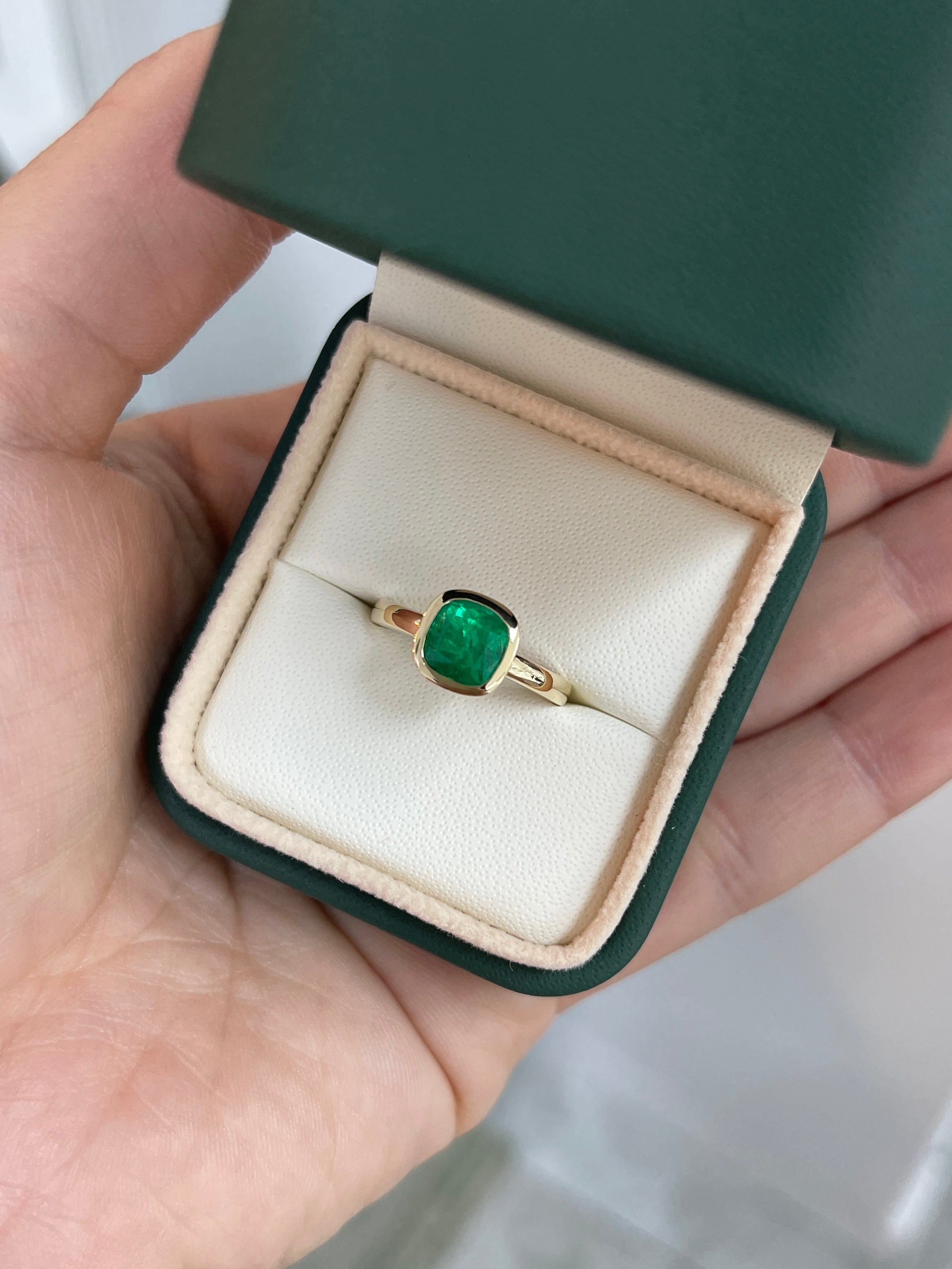 1.82ct 18K Bezel Set Muzo Cushion Cut Colombian Emerald Solitaire Ring - JR Colombian Emeralds