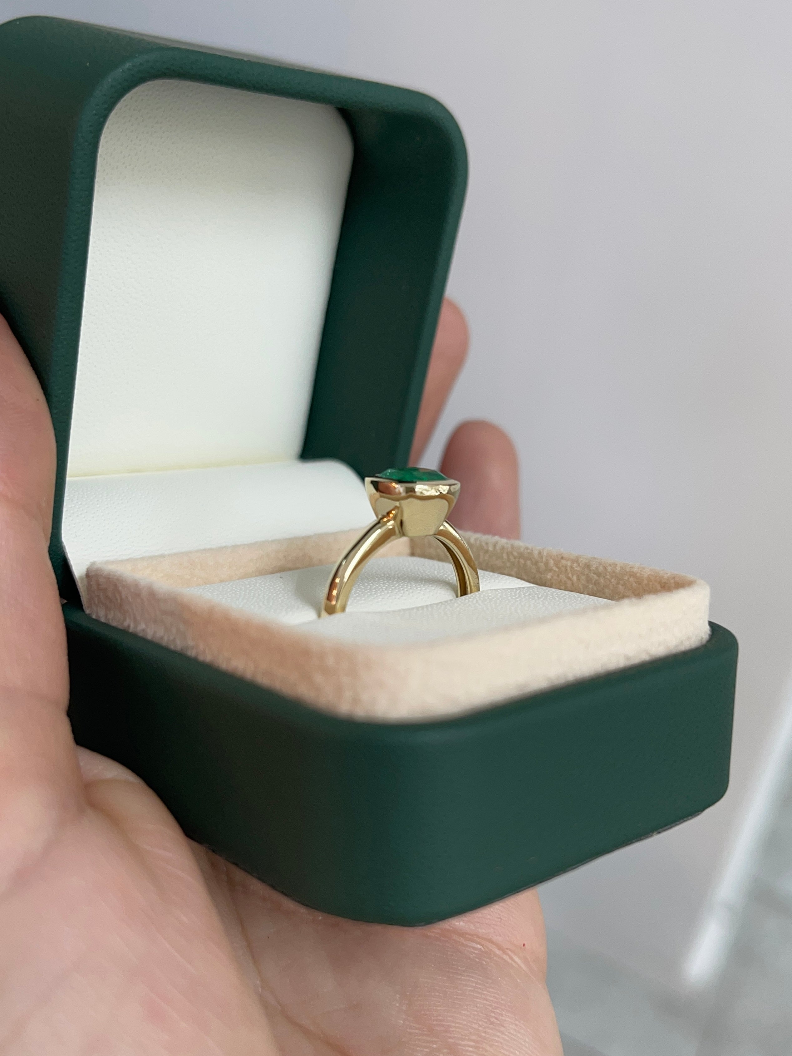 1.82ct 18K Bezel Set Muzo Cushion Cut Colombian Emerald Solitaire Ring - JR Colombian Emeralds
