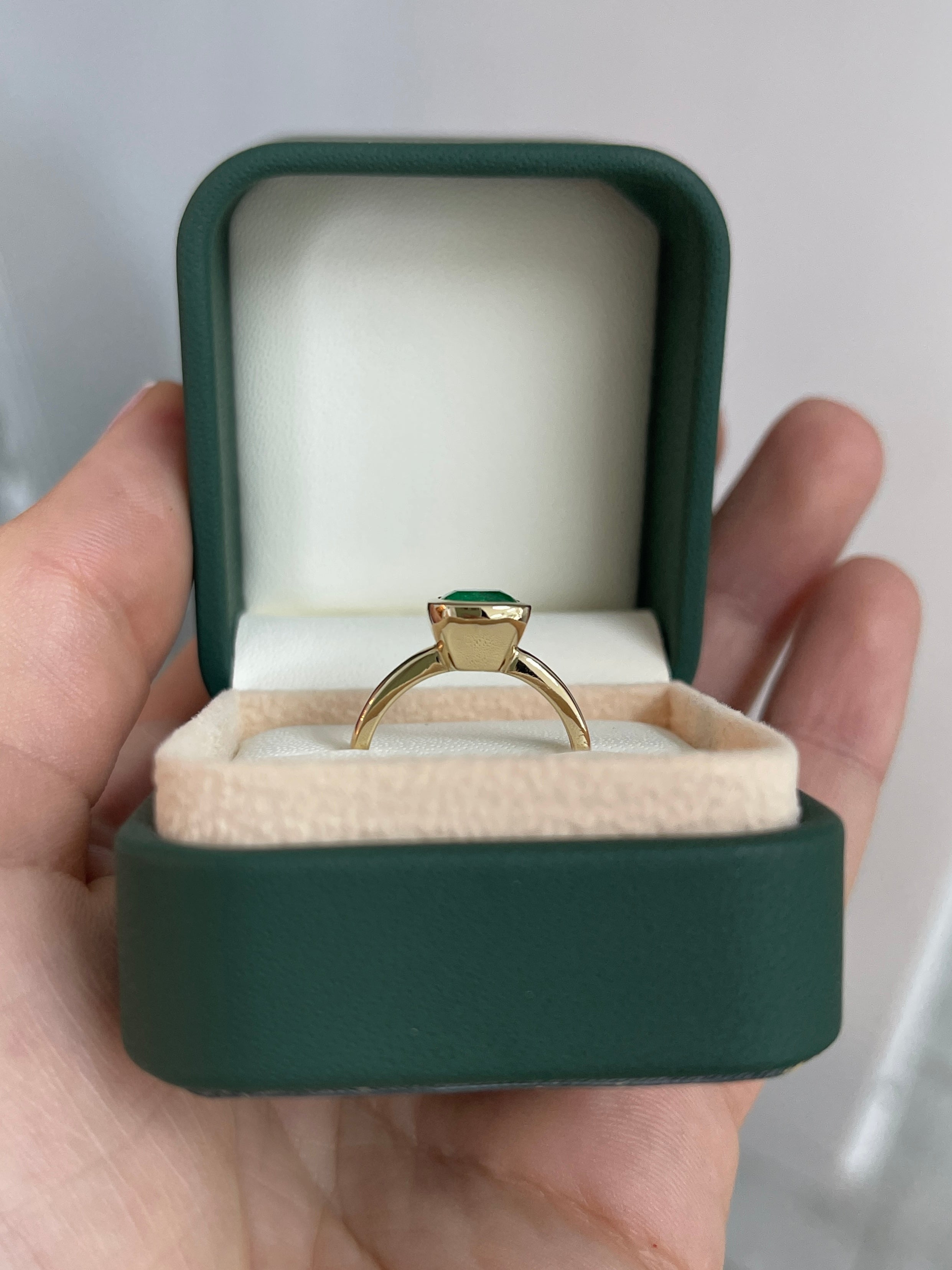 1.82ct 18K Bezel Set Muzo Cushion Cut Colombian Emerald Solitaire Ring - JR Colombian Emeralds