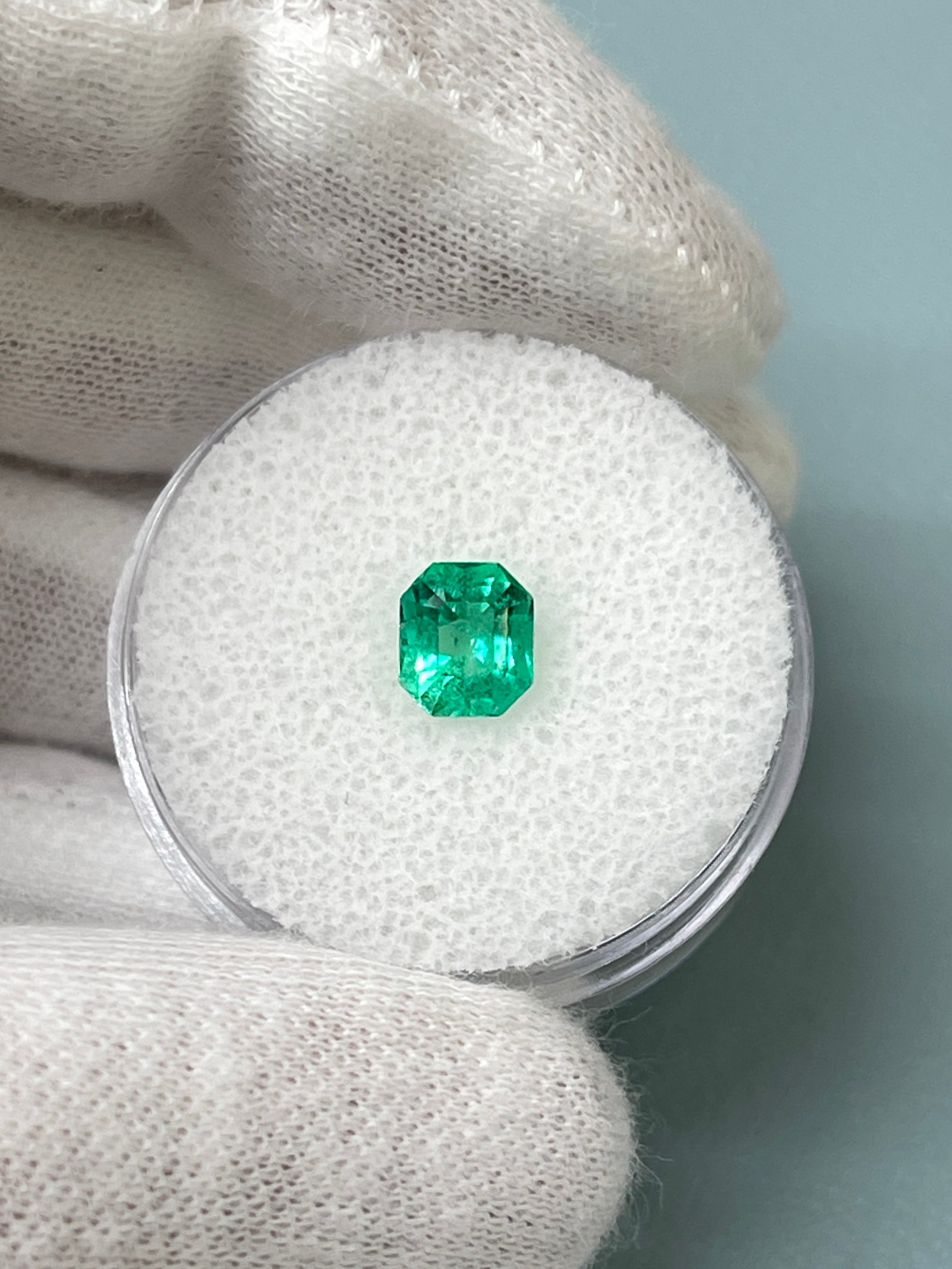 0.83 Carat 6x5 Bluish Green Natural Loose Colombian Emerald- Emerald Cut with Clipped Corners