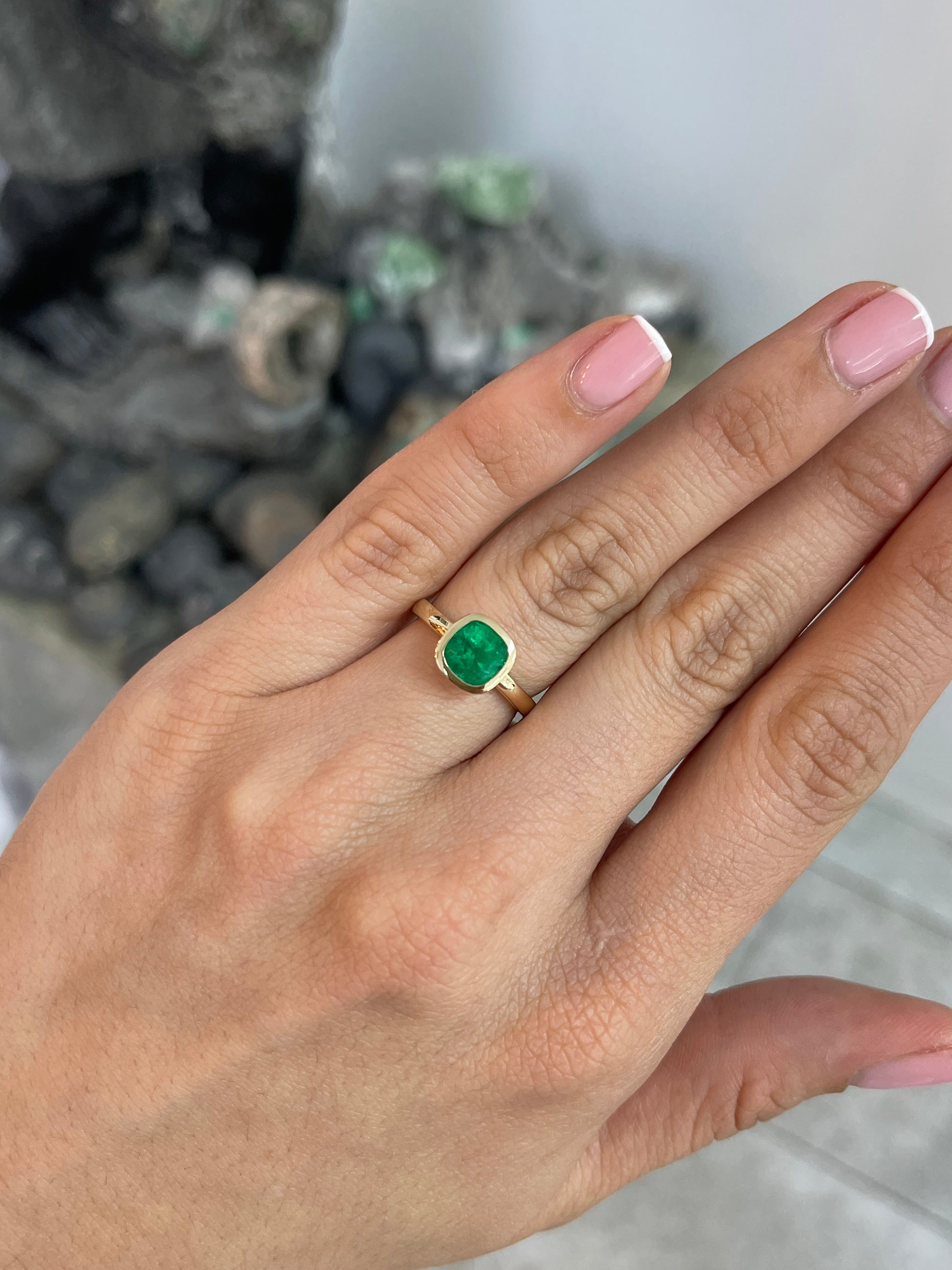 1.82ct 18K Bezel Set Muzo Cushion Cut Colombian Emerald Solitaire Ring - JR Colombian Emeralds