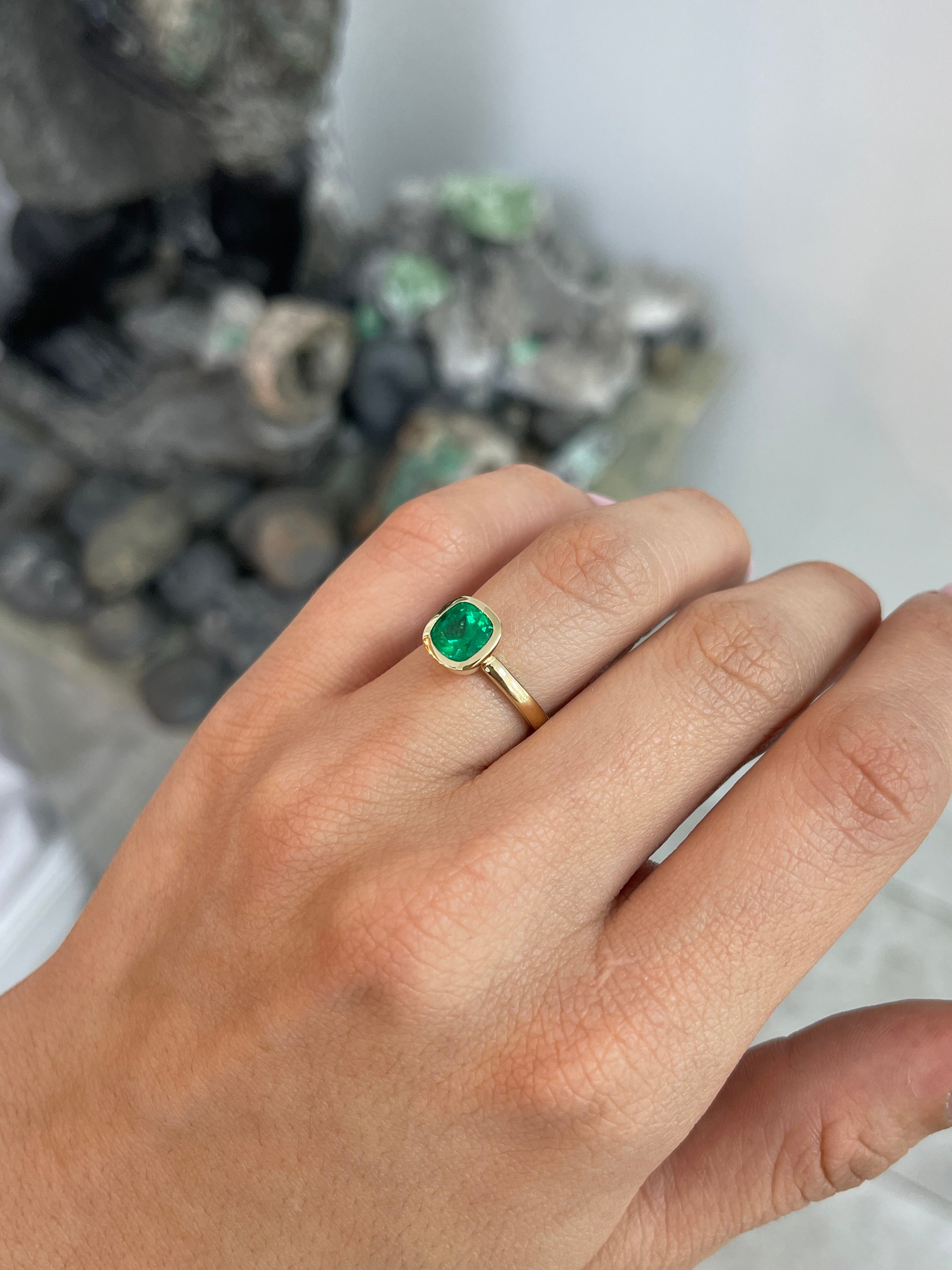 1.82ct 18K Bezel Set Muzo Cushion Cut Colombian Emerald Solitaire Ring - JR Colombian Emeralds