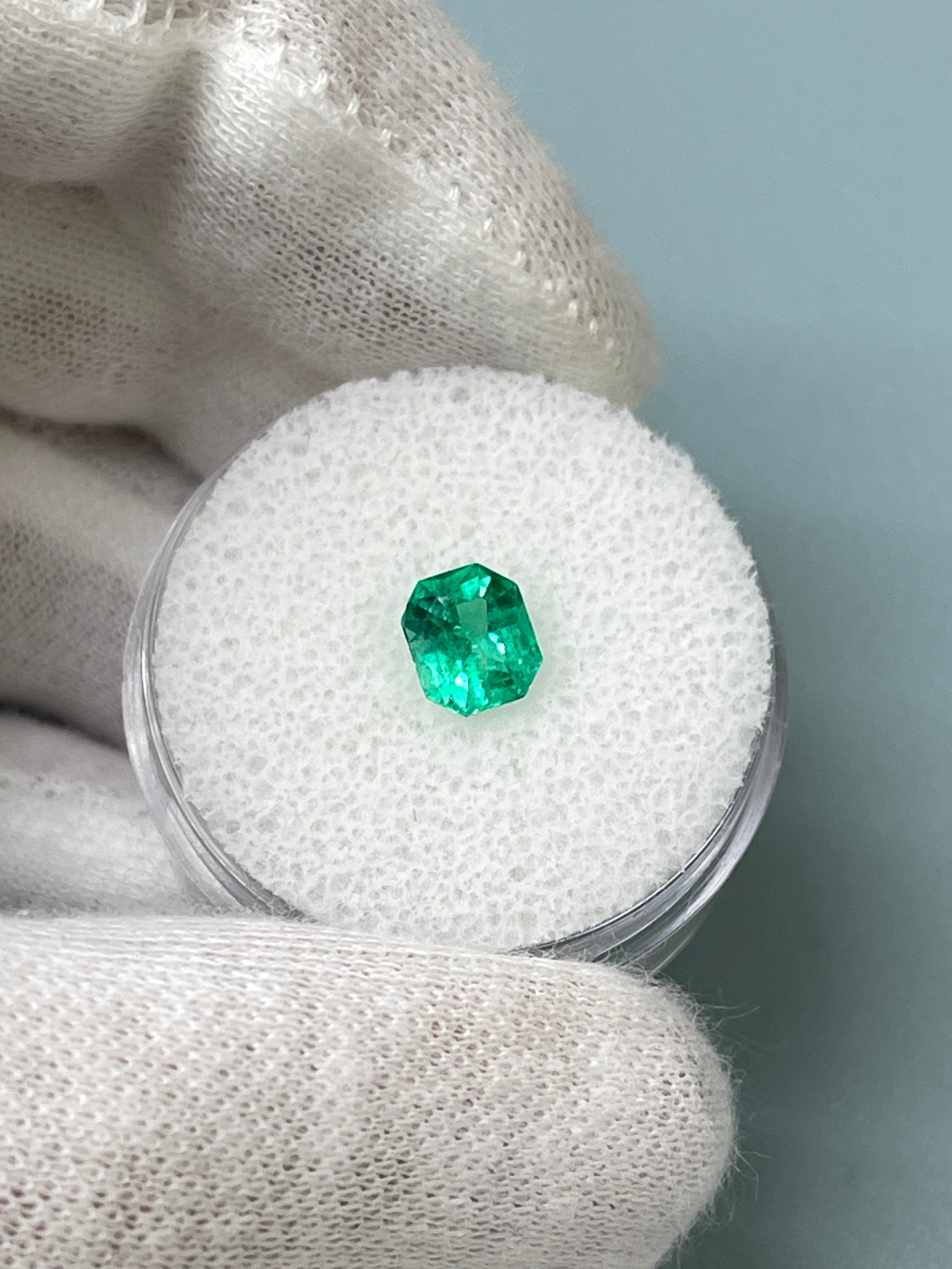 0.83 Carat 6x5 Bluish Green Natural Loose Colombian Emerald- Emerald Cut with Clipped Corners