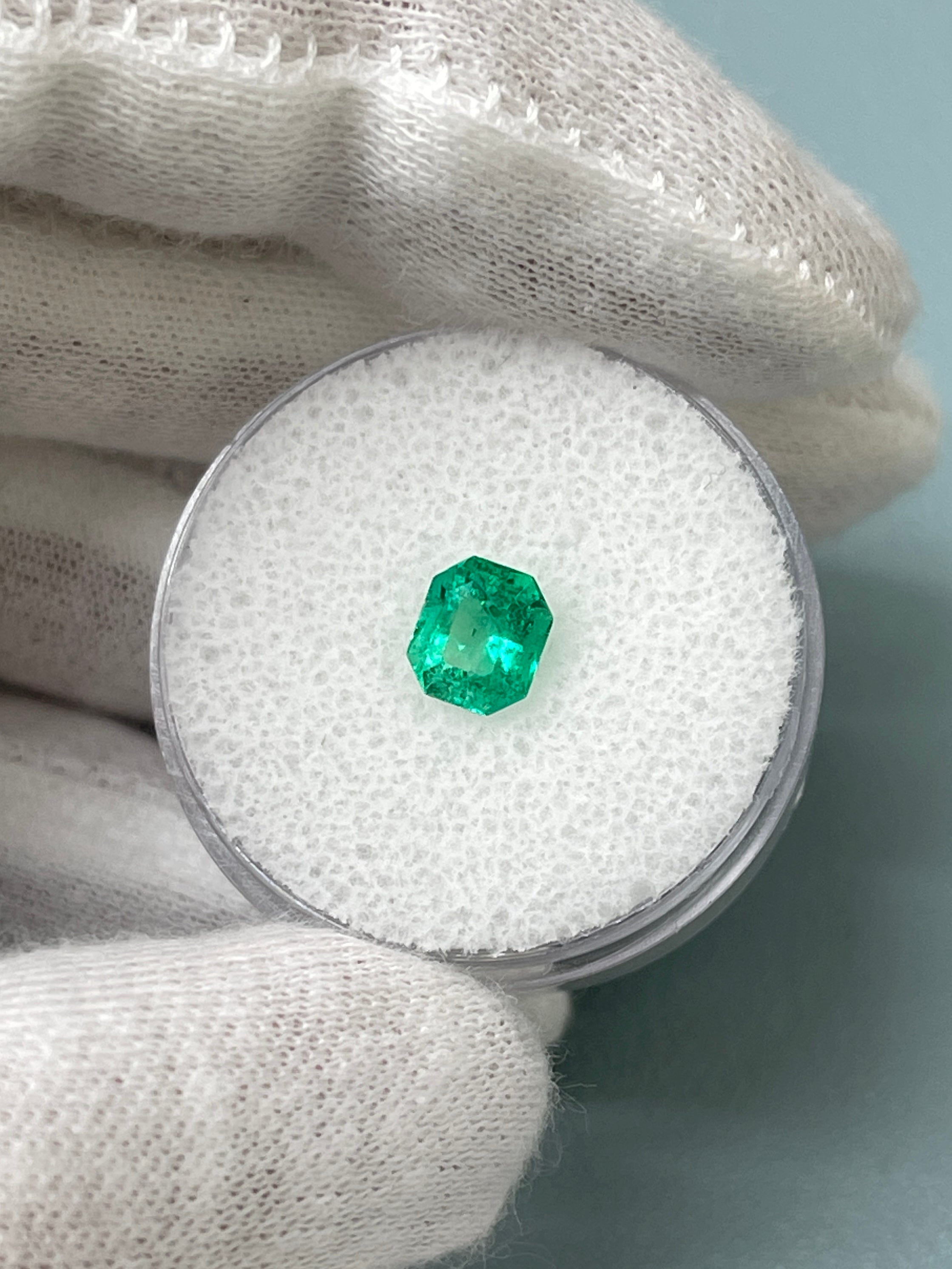 0.83 Carat 6x5 Bluish Green Natural Loose Colombian Emerald- Emerald Cut with Clipped Corners