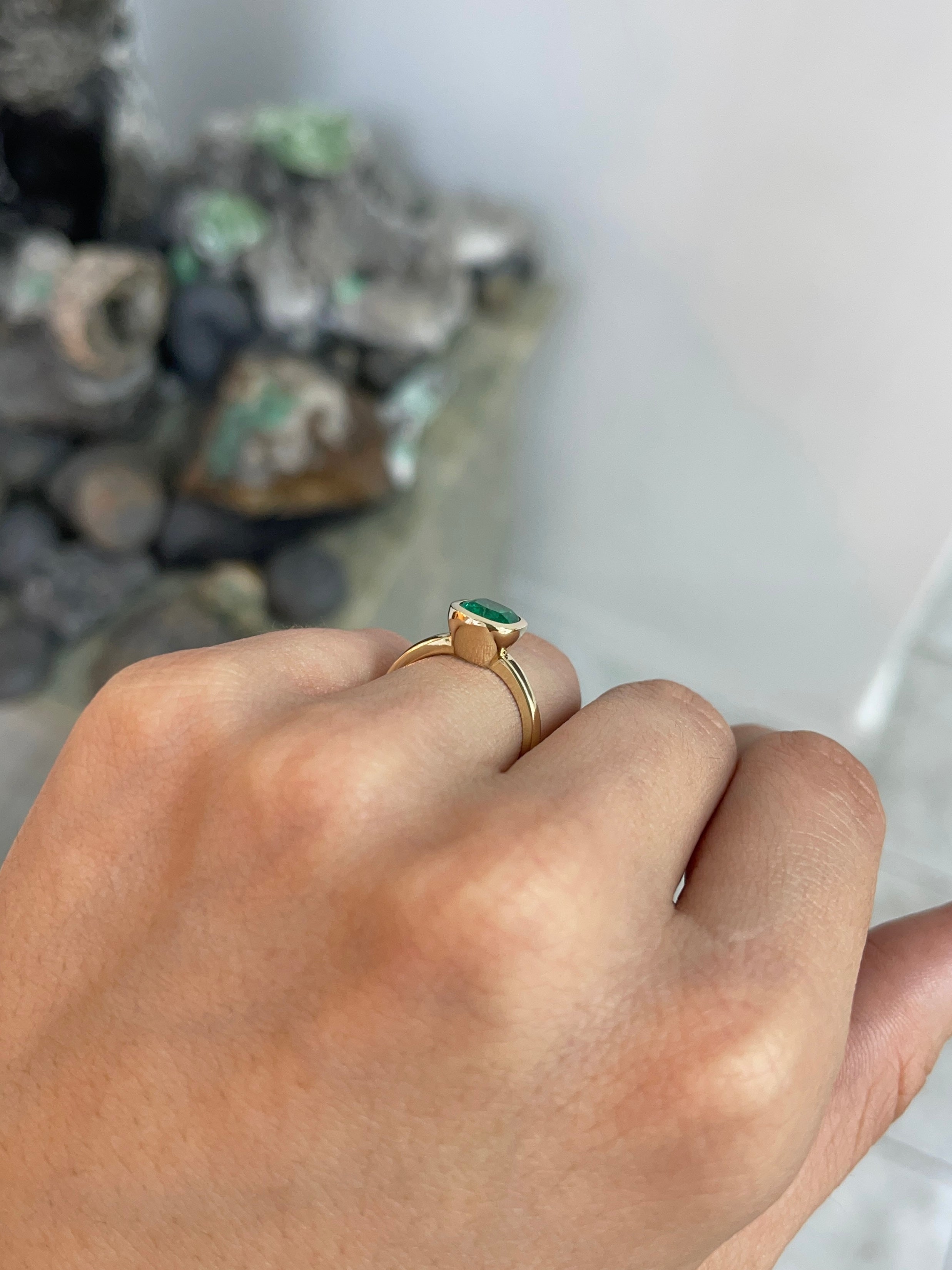 1.82ct 18K Bezel Set Muzo Cushion Cut Colombian Emerald Solitaire Ring - JR Colombian Emeralds