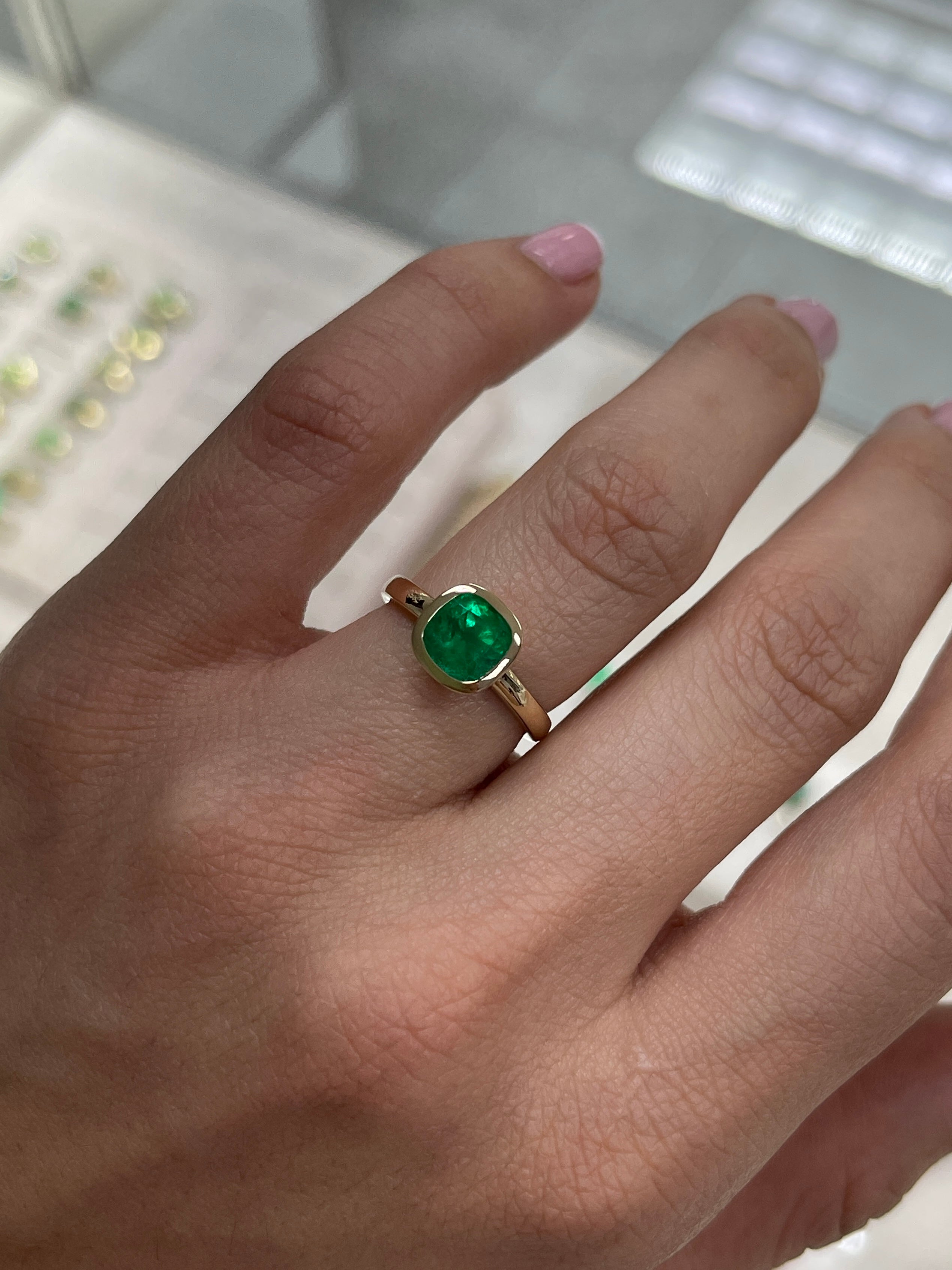1.82ct 18K Bezel Set Muzo Cushion Cut Colombian Emerald Solitaire Ring - JR Colombian Emeralds