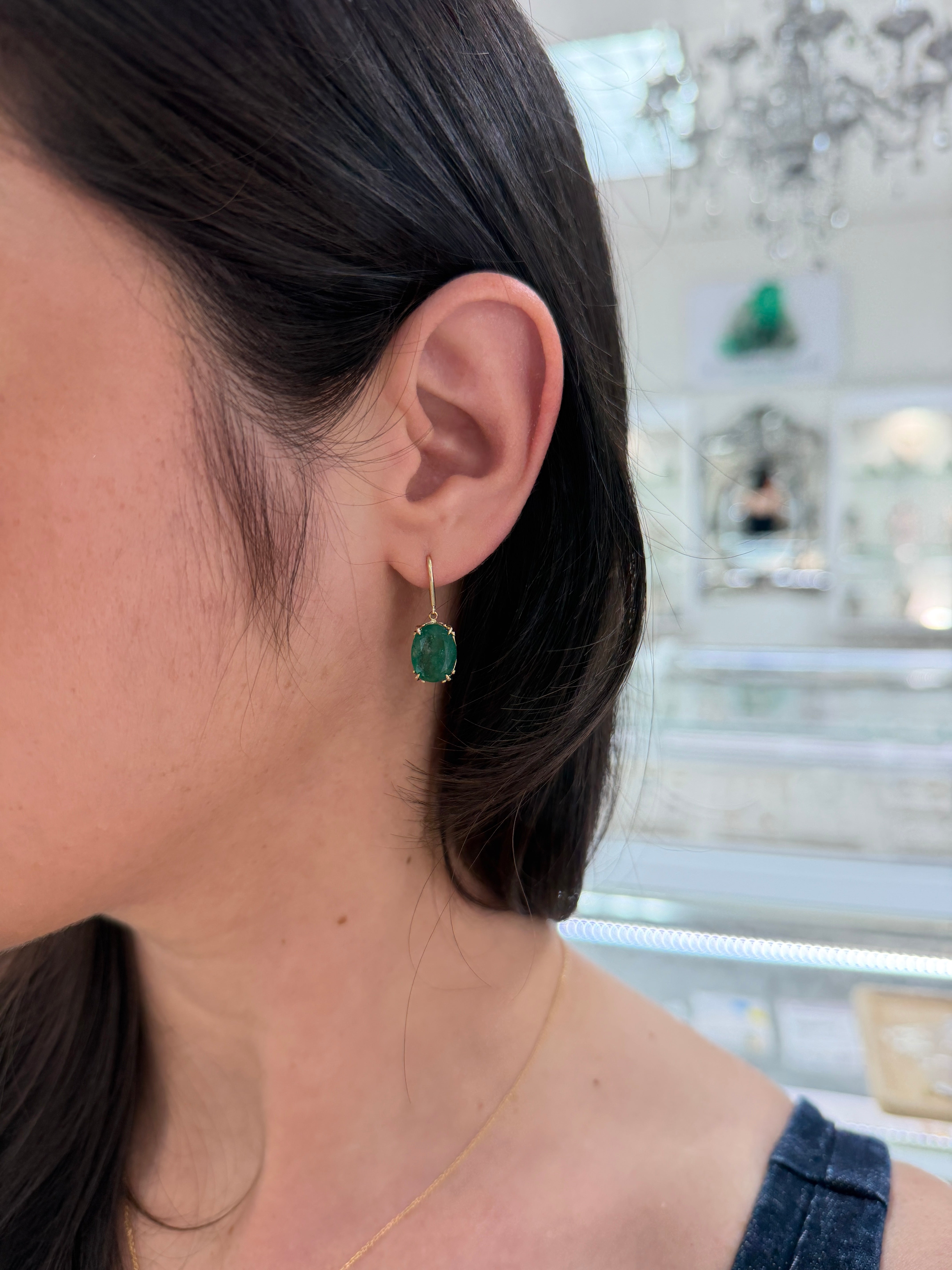 7.30tcw 14K Natural Oval Emerald Fleur De Lis Bishop Hook Earrings