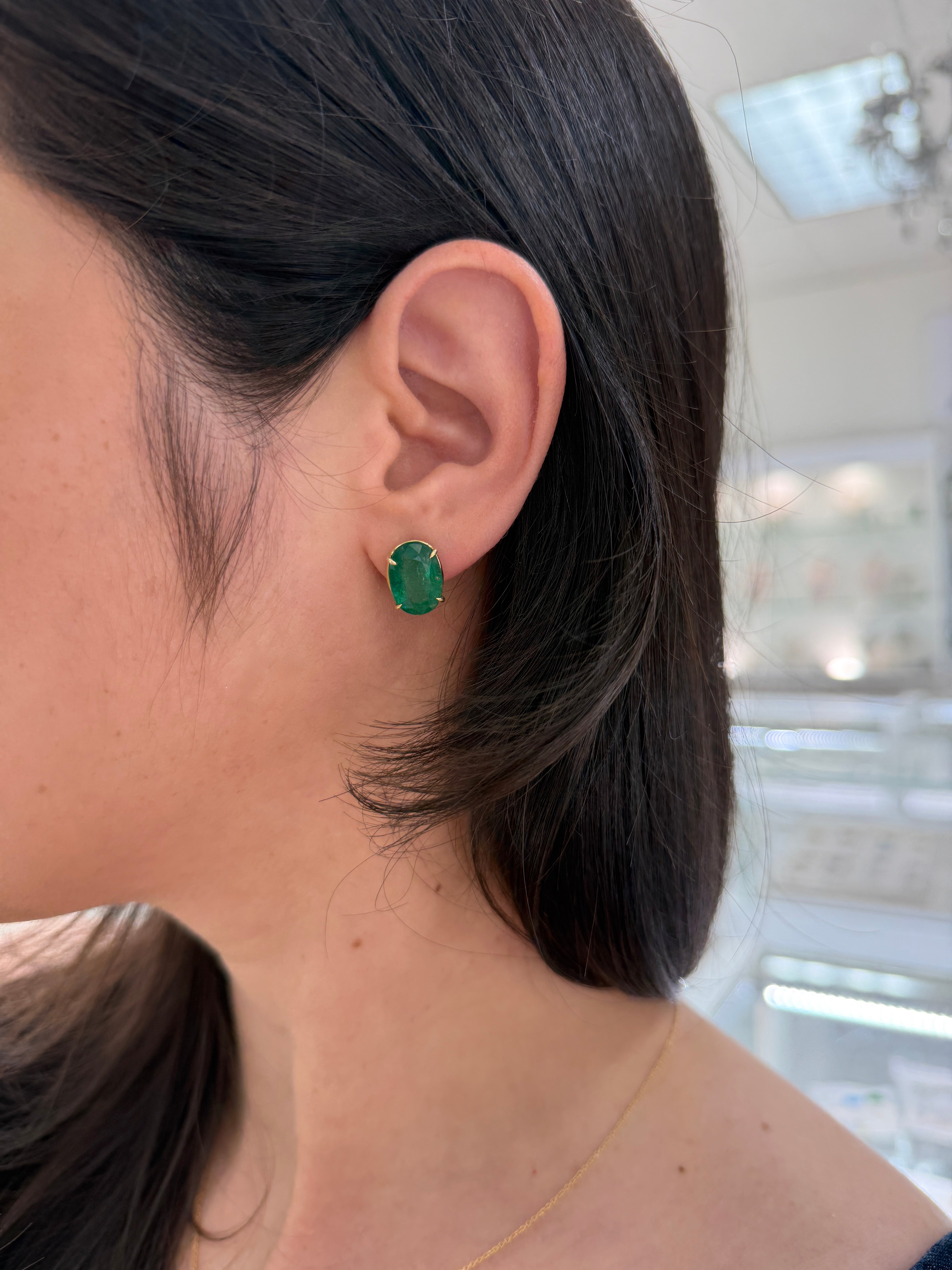 11.90tcw Classic Green Oval Emerald Solitaire Stud Earrings 18K - JR Colombian Emeralds