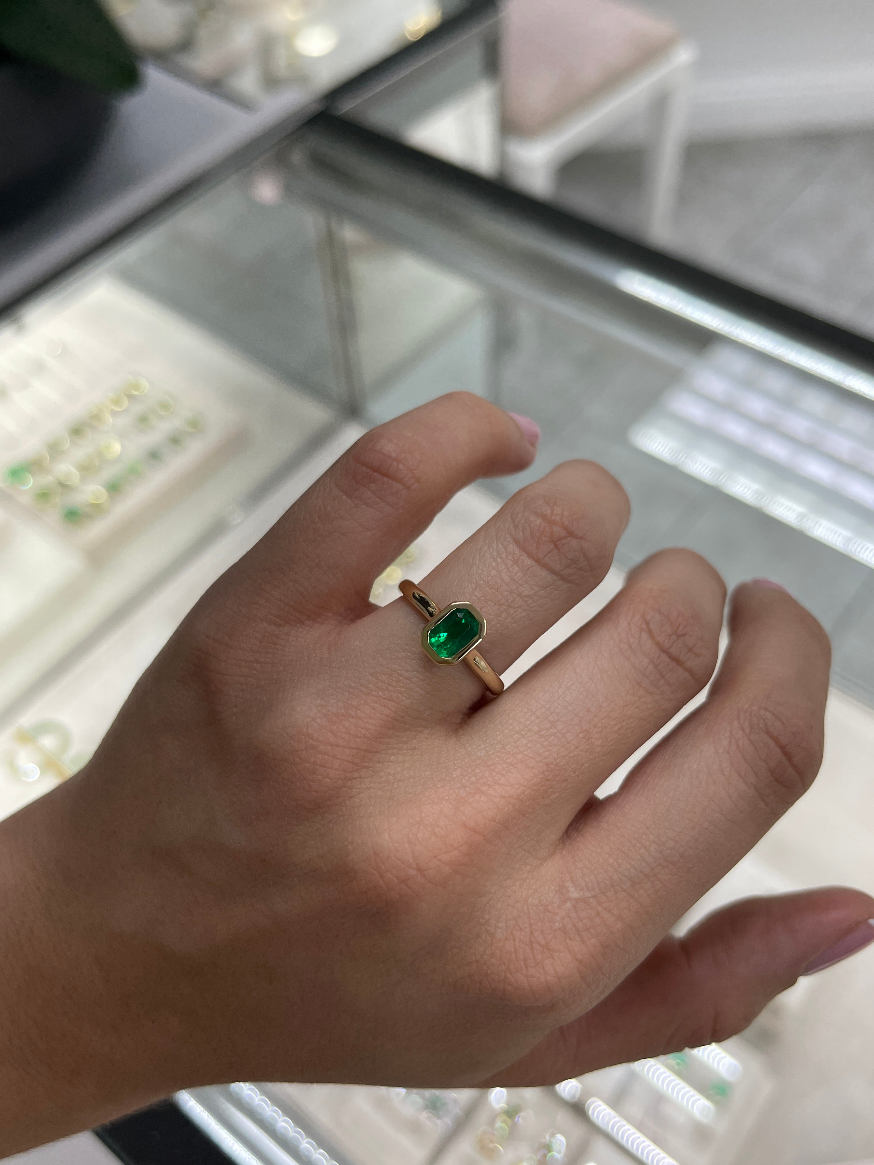 1.08cts AAA+ Bezel Set Muzo Colombian Emerald-Emerald Cut Solitaire Ring 18K - JR Colombian Emeralds