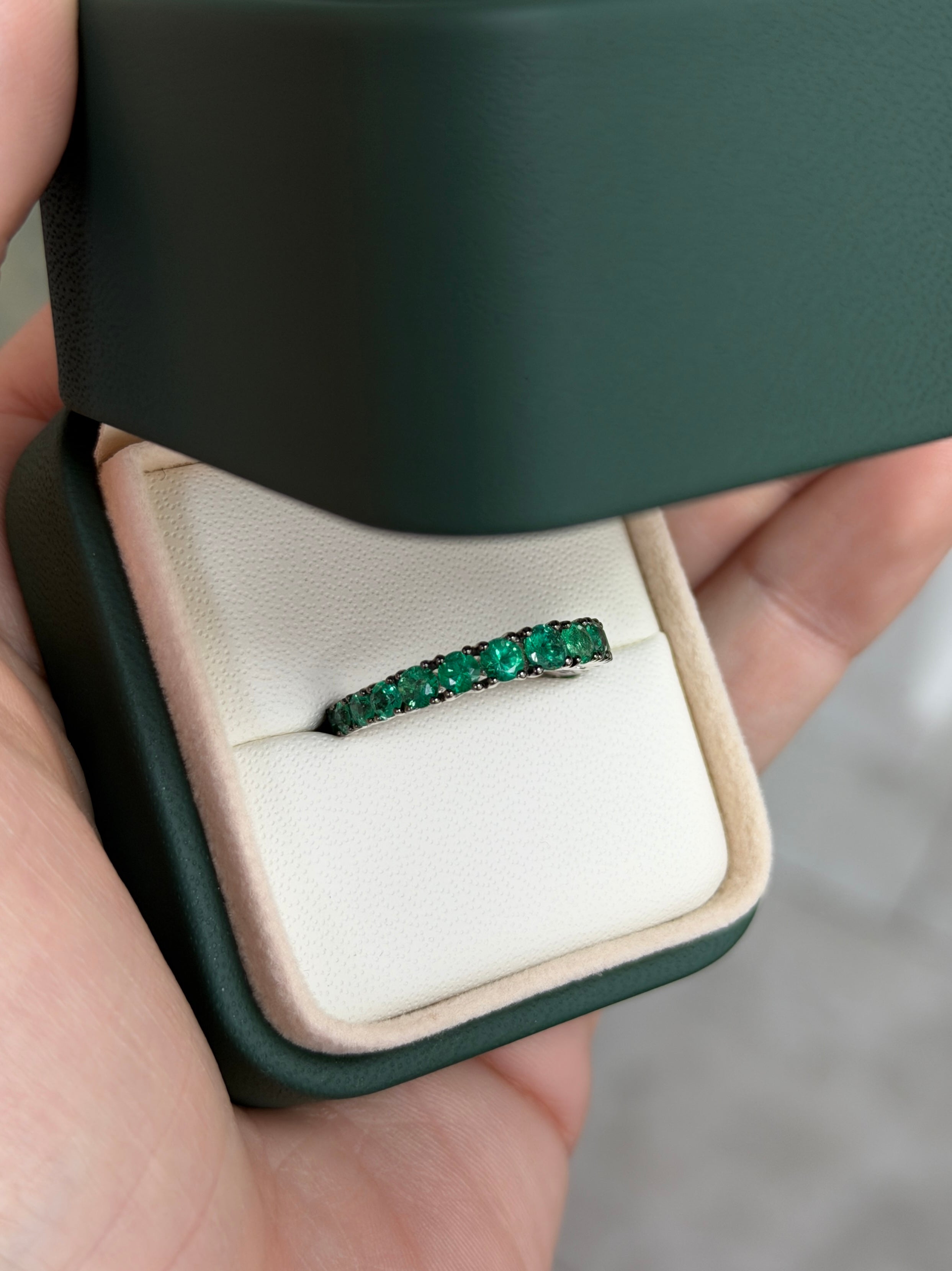 1.68tcw Graduated Natural Emerald 3/4 Band 18K White Gold- Size 7 - JR Colombian Emeralds