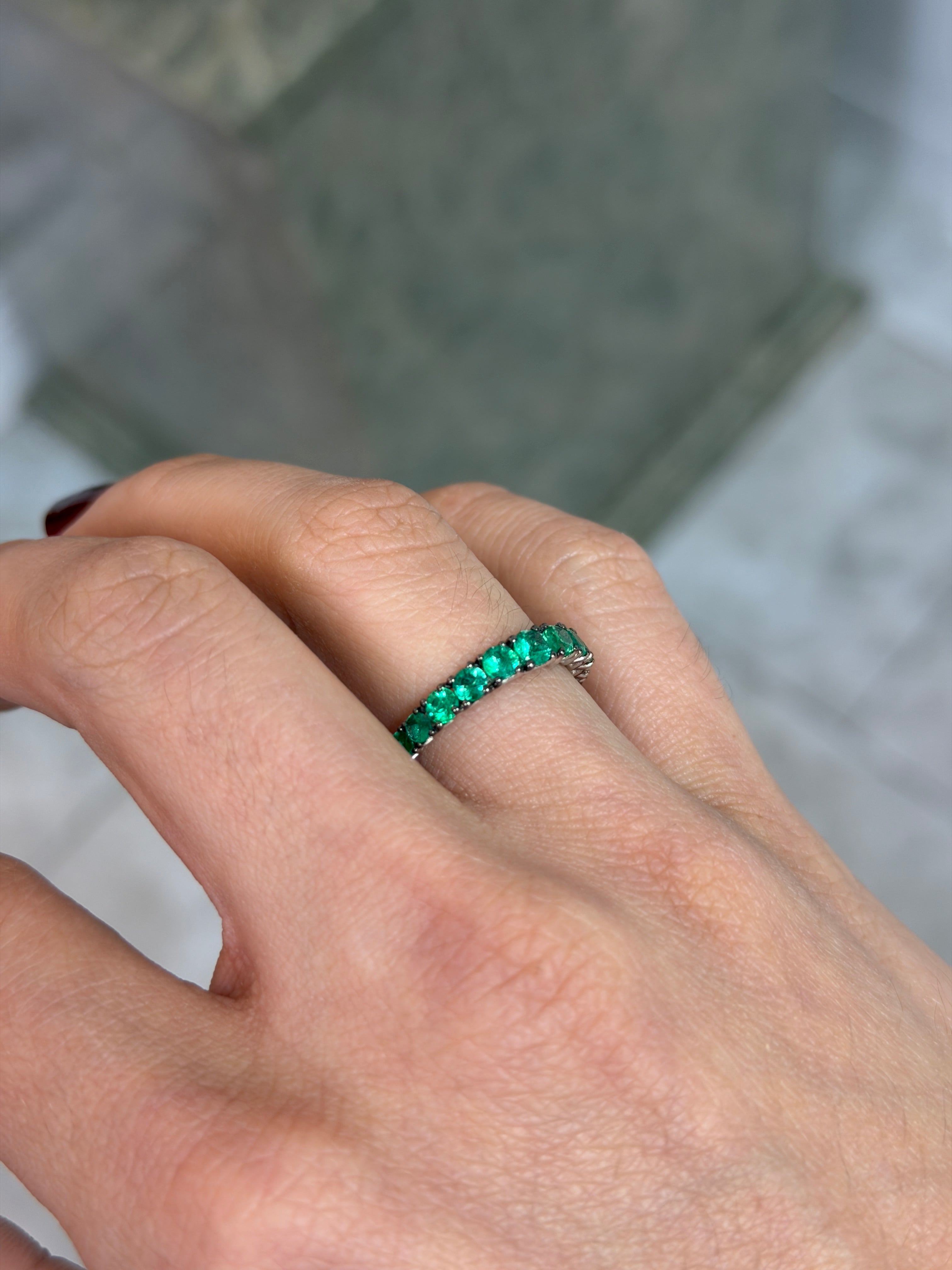 1.68tcw Graduated Natural Emerald 3/4 Band 18K White Gold- Size 7 - JR Colombian Emeralds