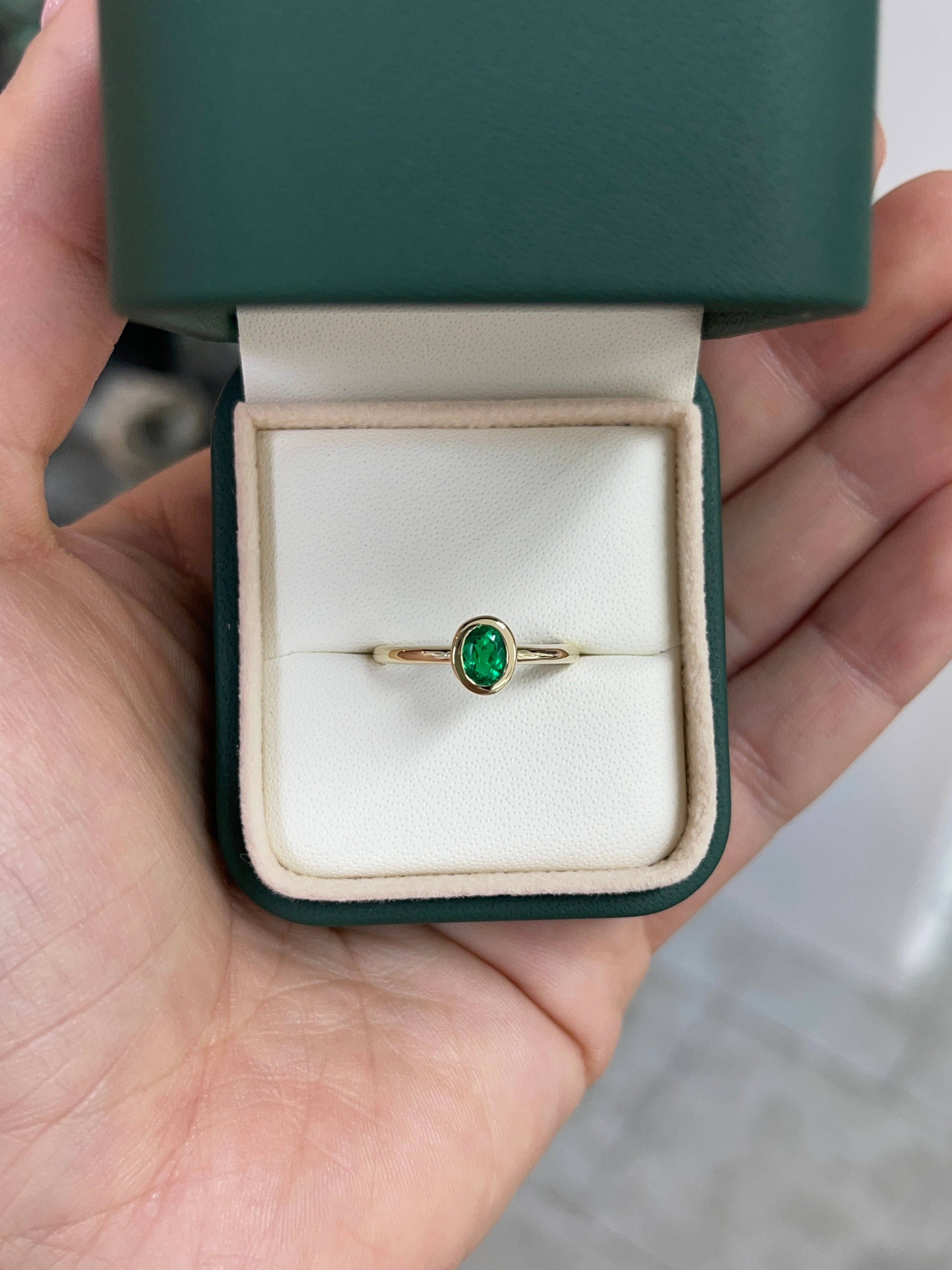 0.43cts AAA+ Bezel Set Muzo Colombian Emerald Oval Solitaire Ring 18K - JR Colombian Emeralds