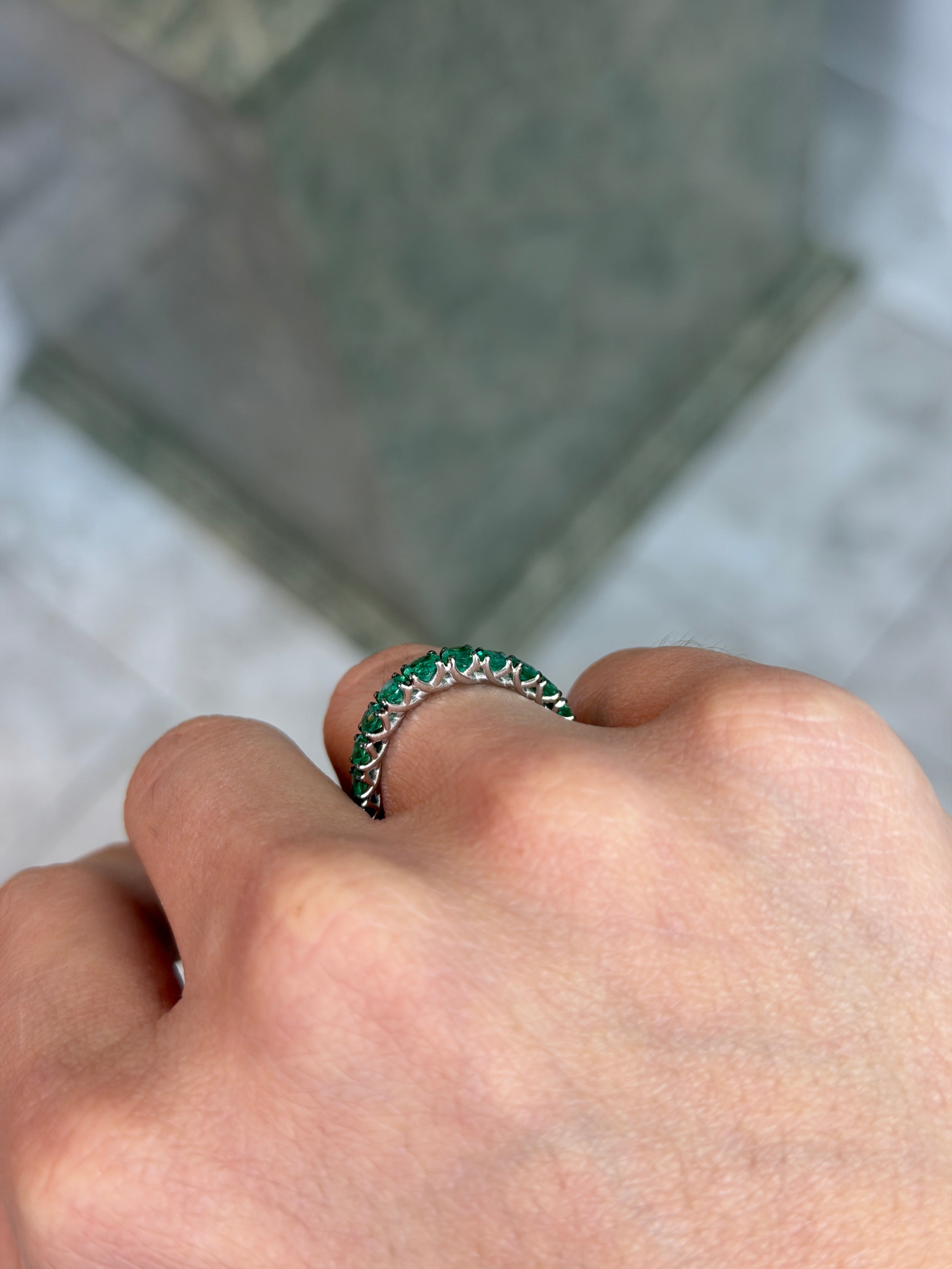 1.68tcw Graduated Natural Emerald 3/4 Band 18K White Gold- Size 7 - JR Colombian Emeralds