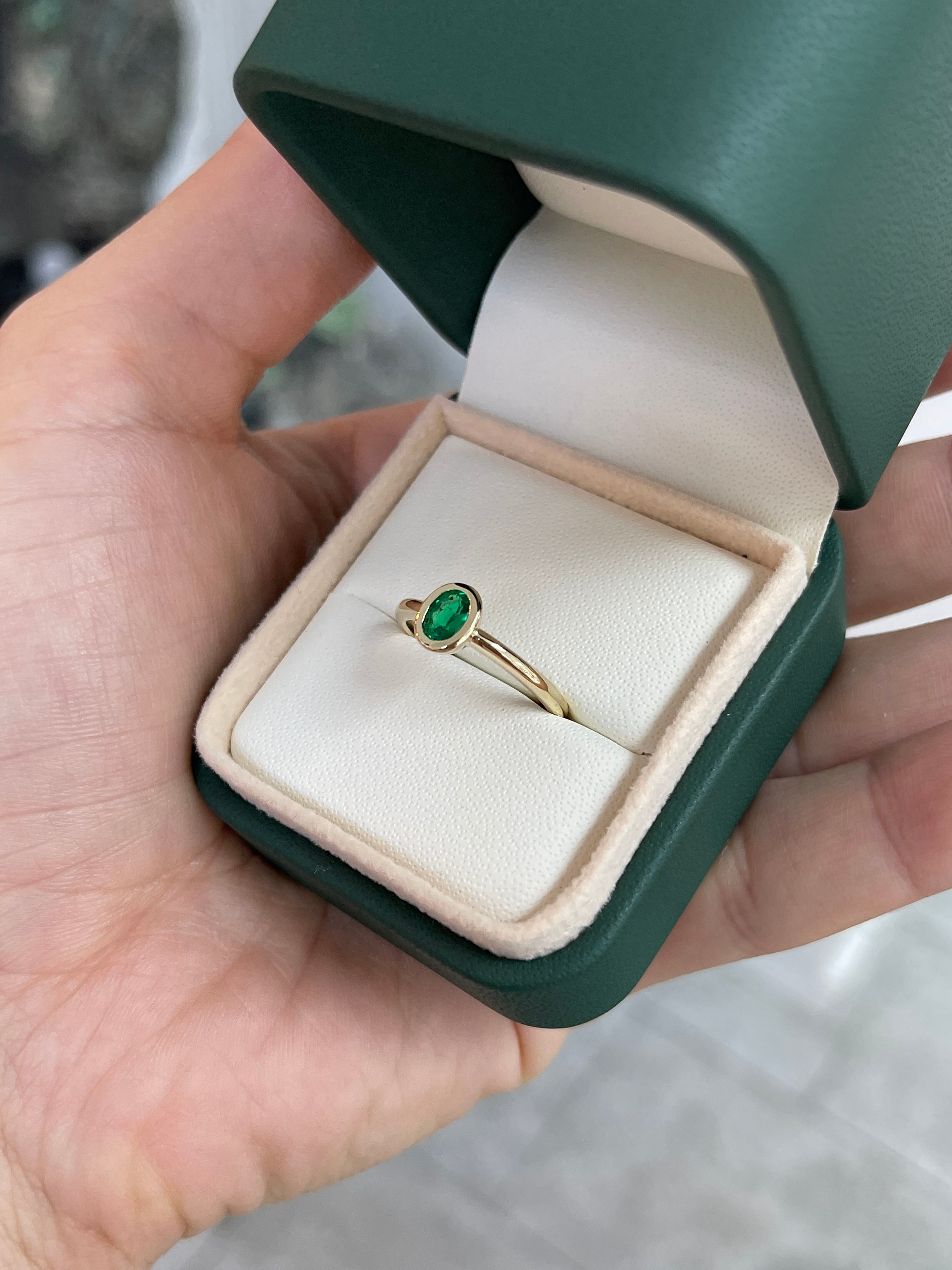 0.43cts AAA+ Bezel Set Muzo Colombian Emerald Oval Solitaire Ring 18K - JR Colombian Emeralds