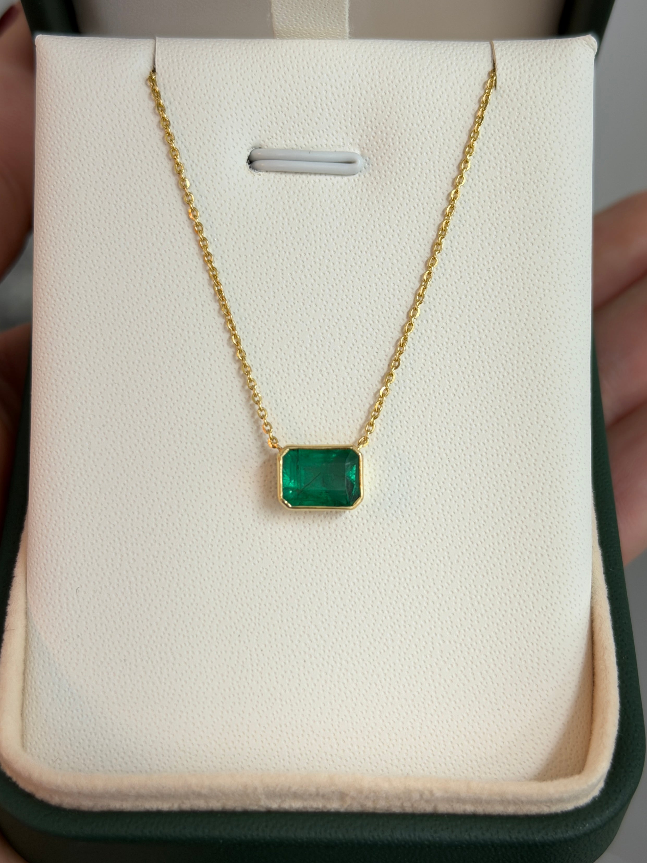 1.73 Carat East to West Bezel Set Emerald Necklace 14K Gold
