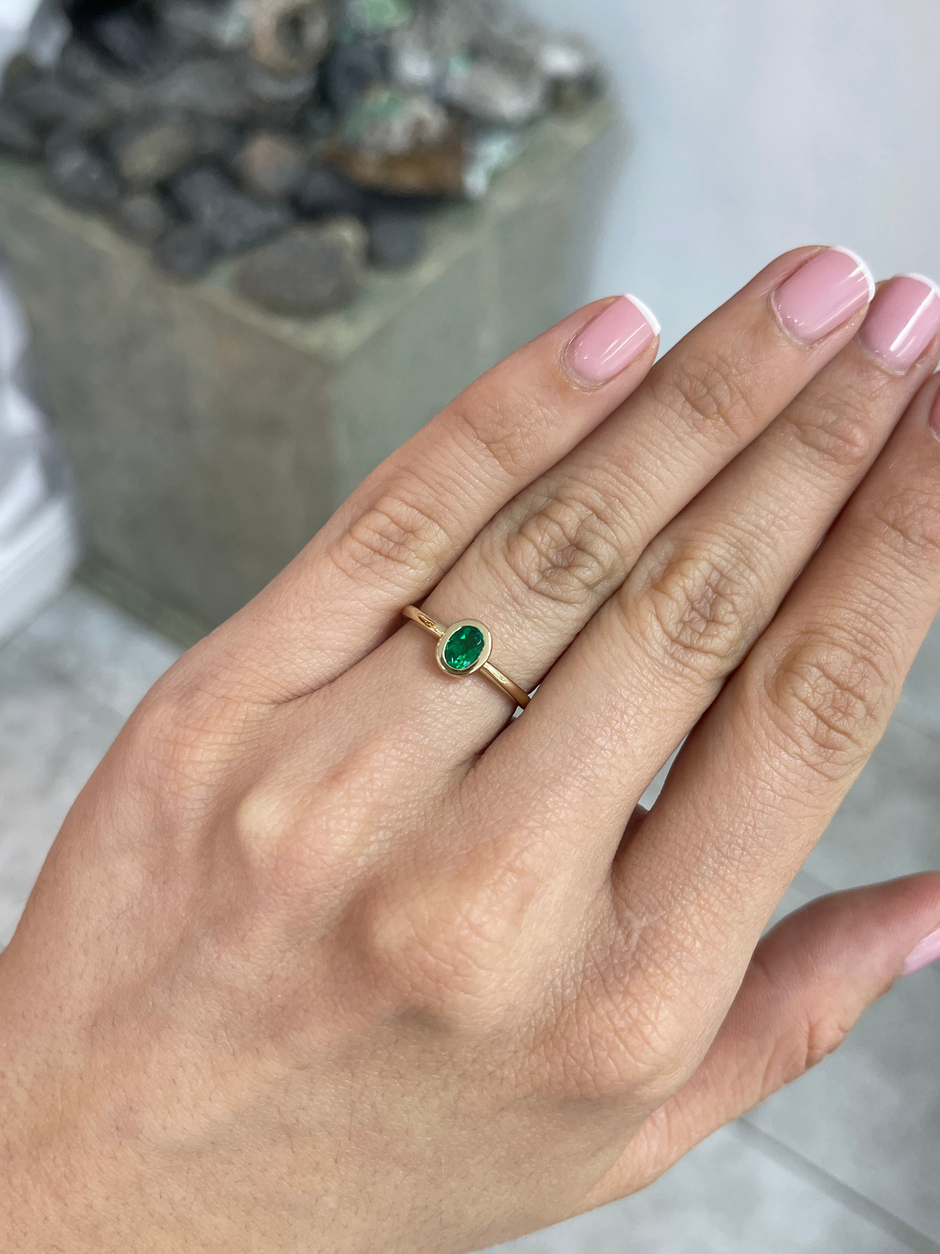 0.43cts AAA+ Bezel Set Muzo Colombian Emerald Oval Solitaire Ring 18K - JR Colombian Emeralds