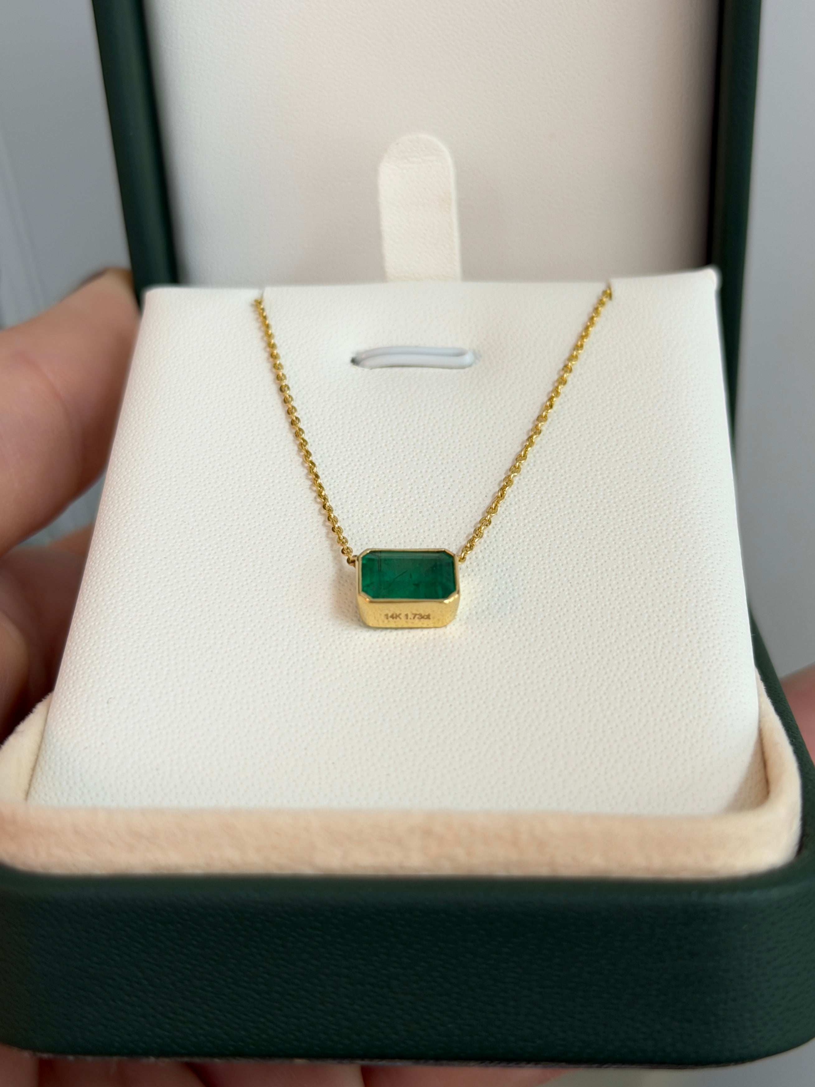 1.73 Carat East to West Bezel Set Emerald Necklace 14K Gold