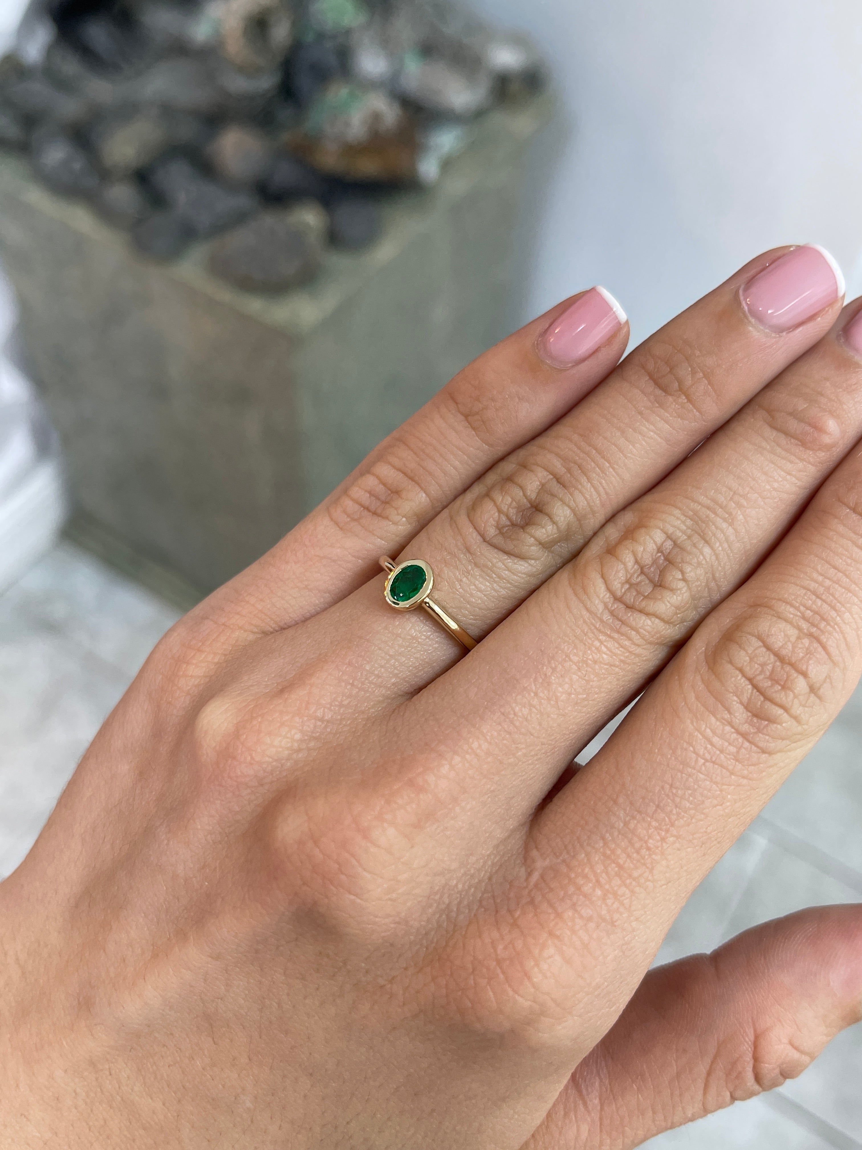 0.43cts AAA+ Bezel Set Muzo Colombian Emerald Oval Solitaire Ring 18K - JR Colombian Emeralds