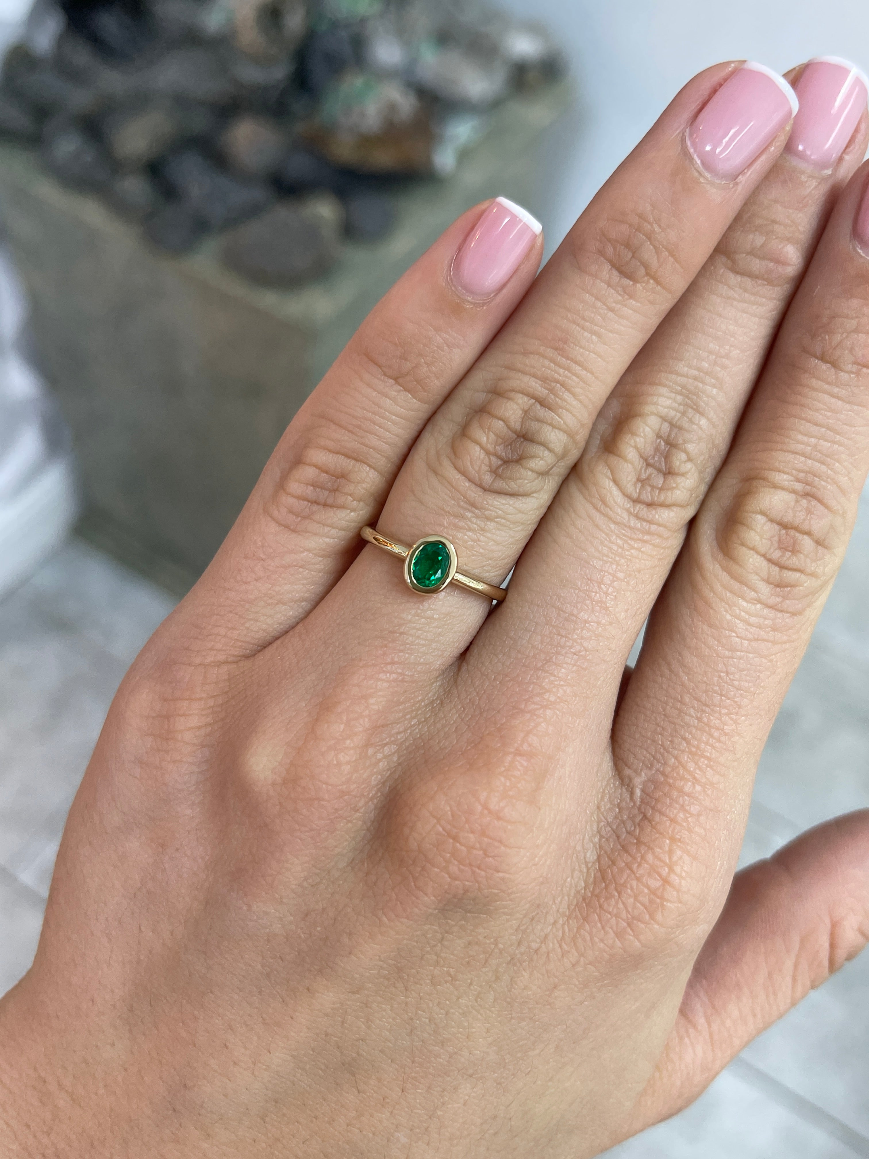 0.43cts AAA+ Bezel Set Muzo Colombian Emerald Oval Solitaire Ring 18K - JR Colombian Emeralds