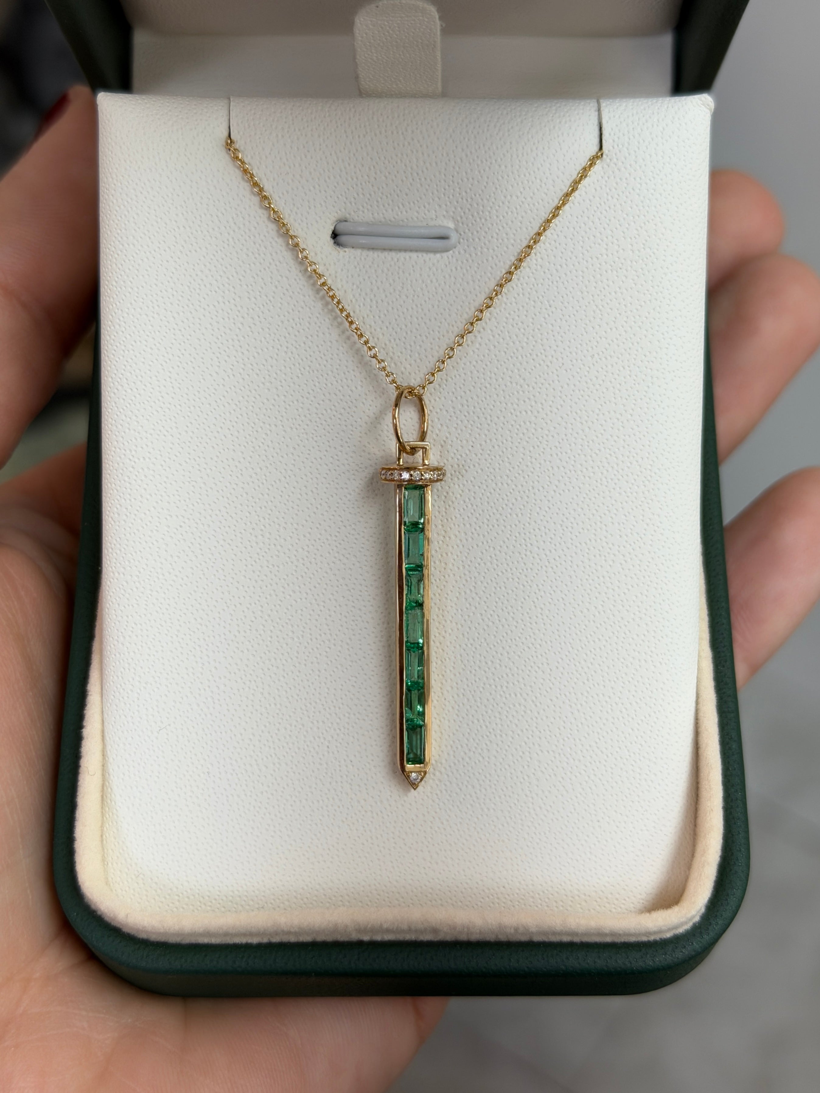 Emerald Baguette & Diamond Sword Necklace 14K Gold