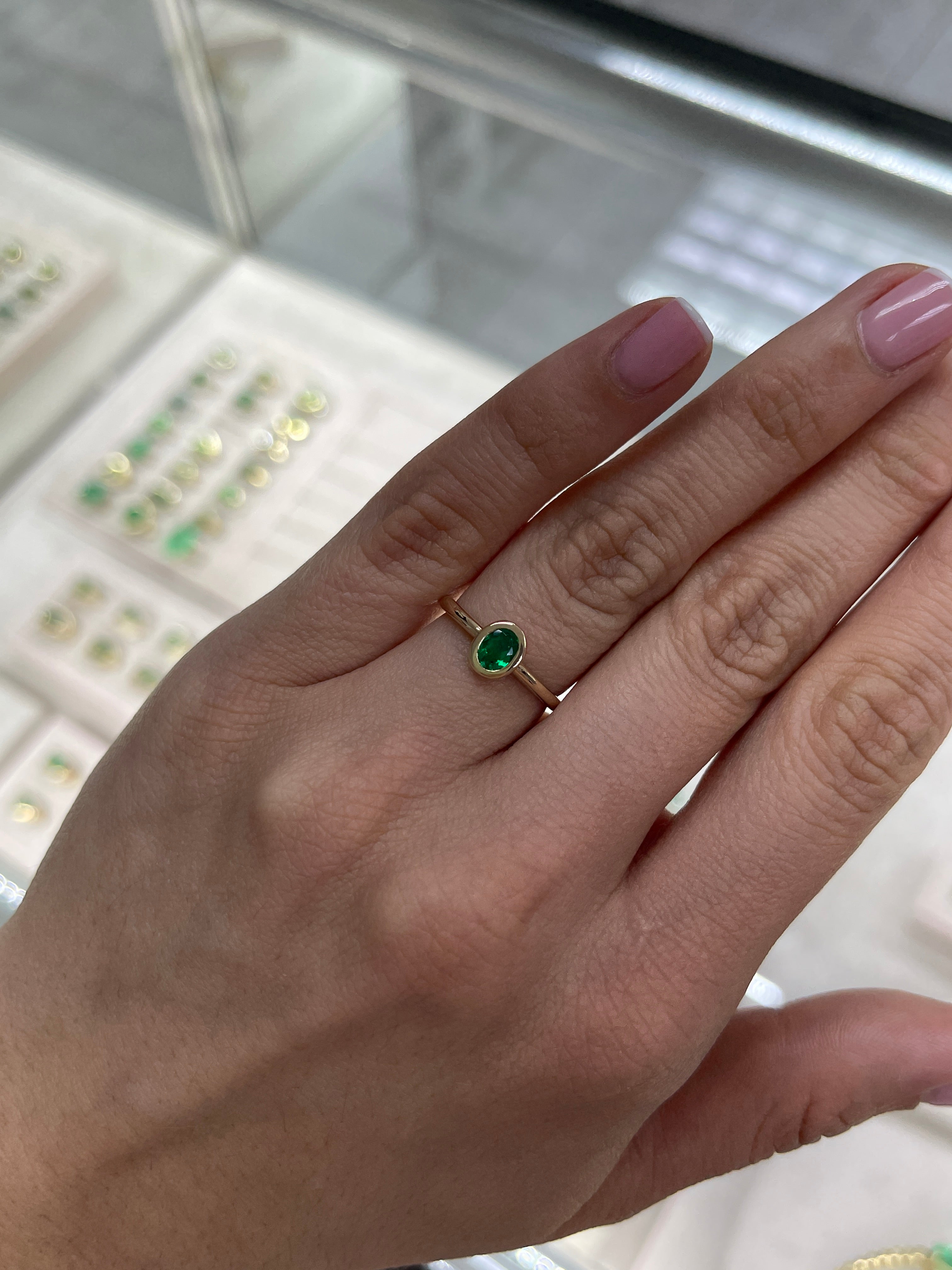 0.43cts AAA+ Bezel Set Muzo Colombian Emerald Oval Solitaire Ring 18K - JR Colombian Emeralds