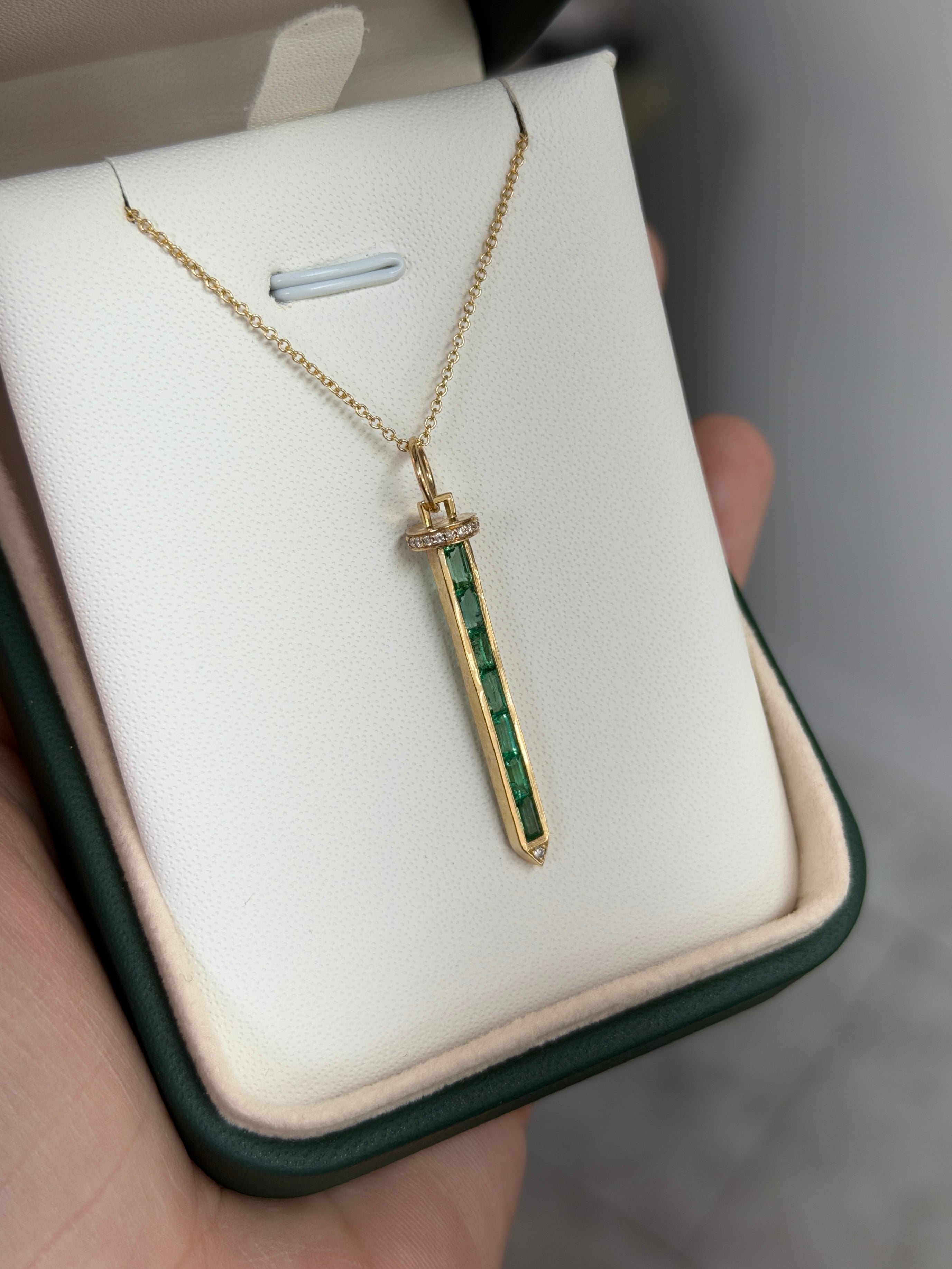 Emerald Baguette & Diamond Sword Necklace 14K Gold