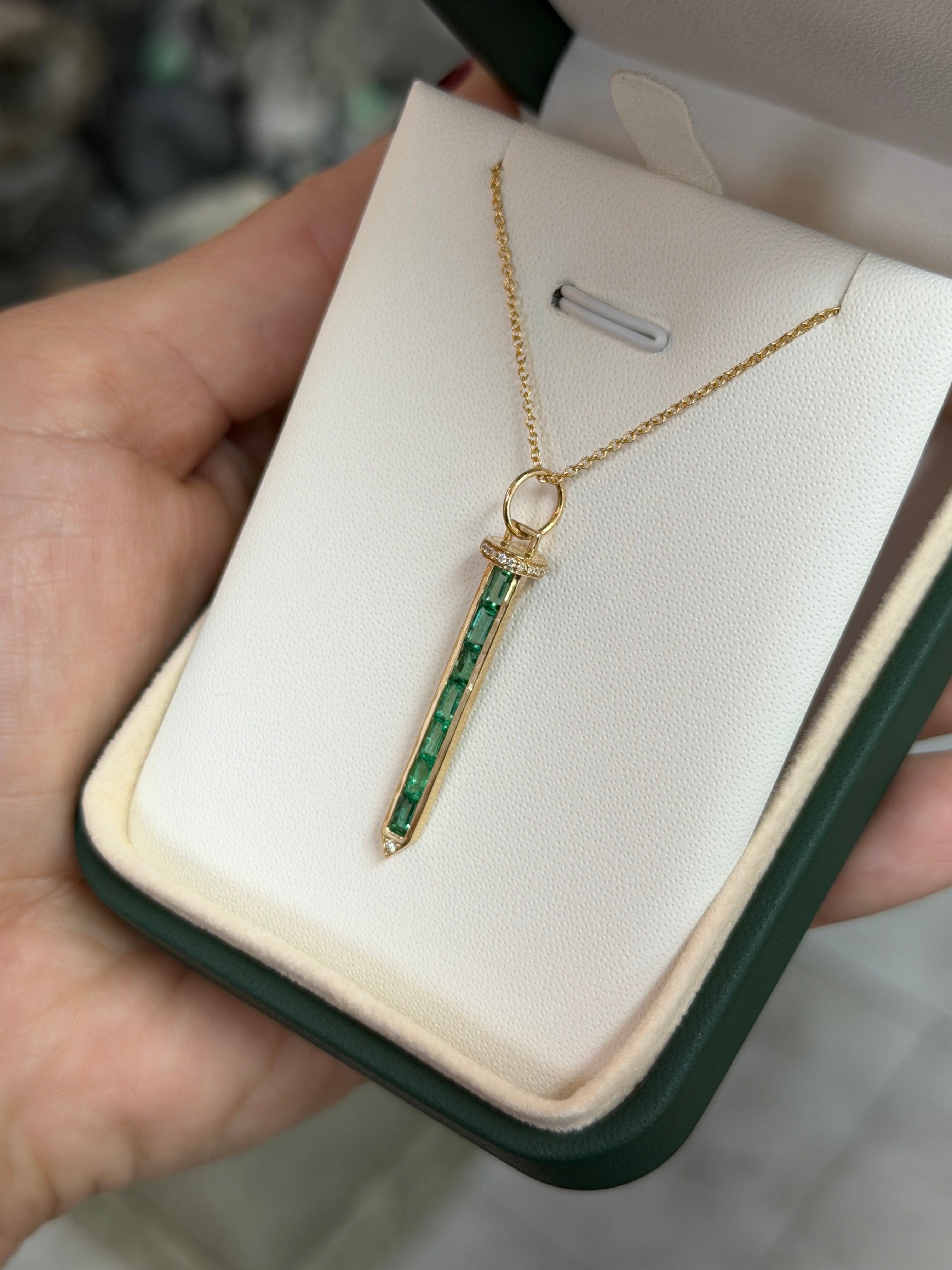Emerald Baguette & Diamond Sword Necklace 14K Gold