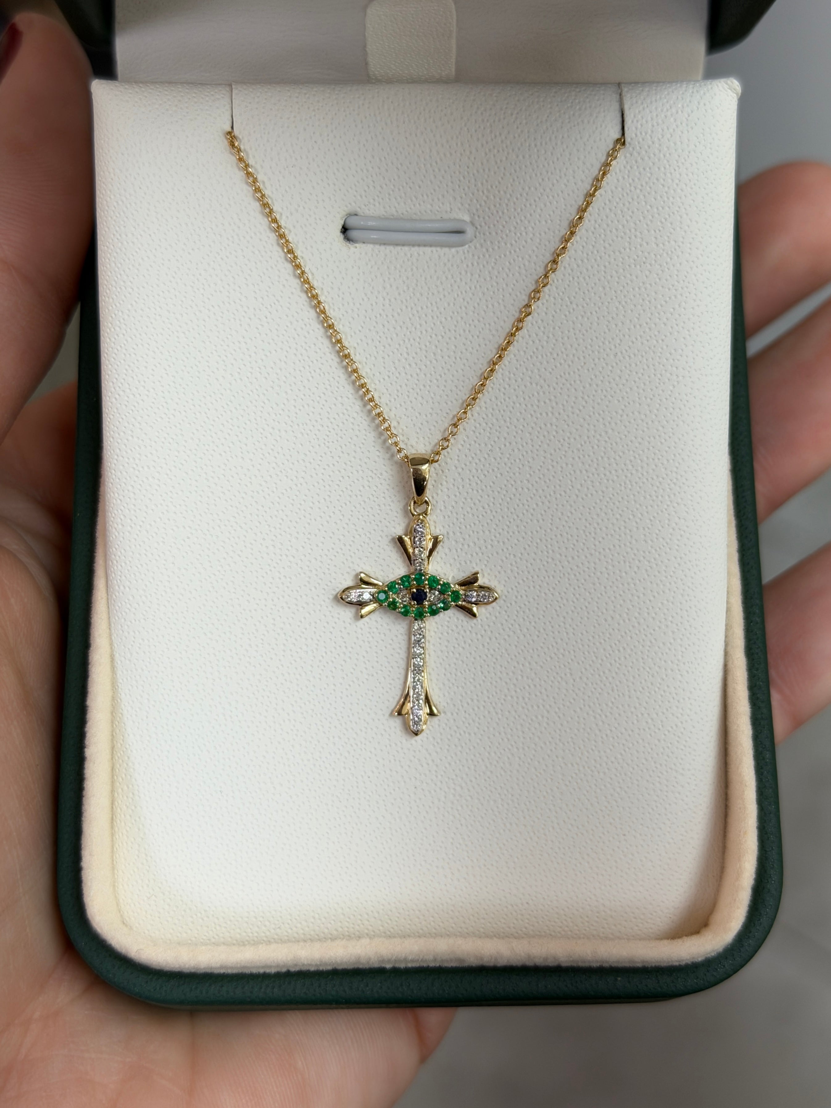 Evil Eye Cross In Natural Emerald, Diamonds, & Sapphire Necklace 14K