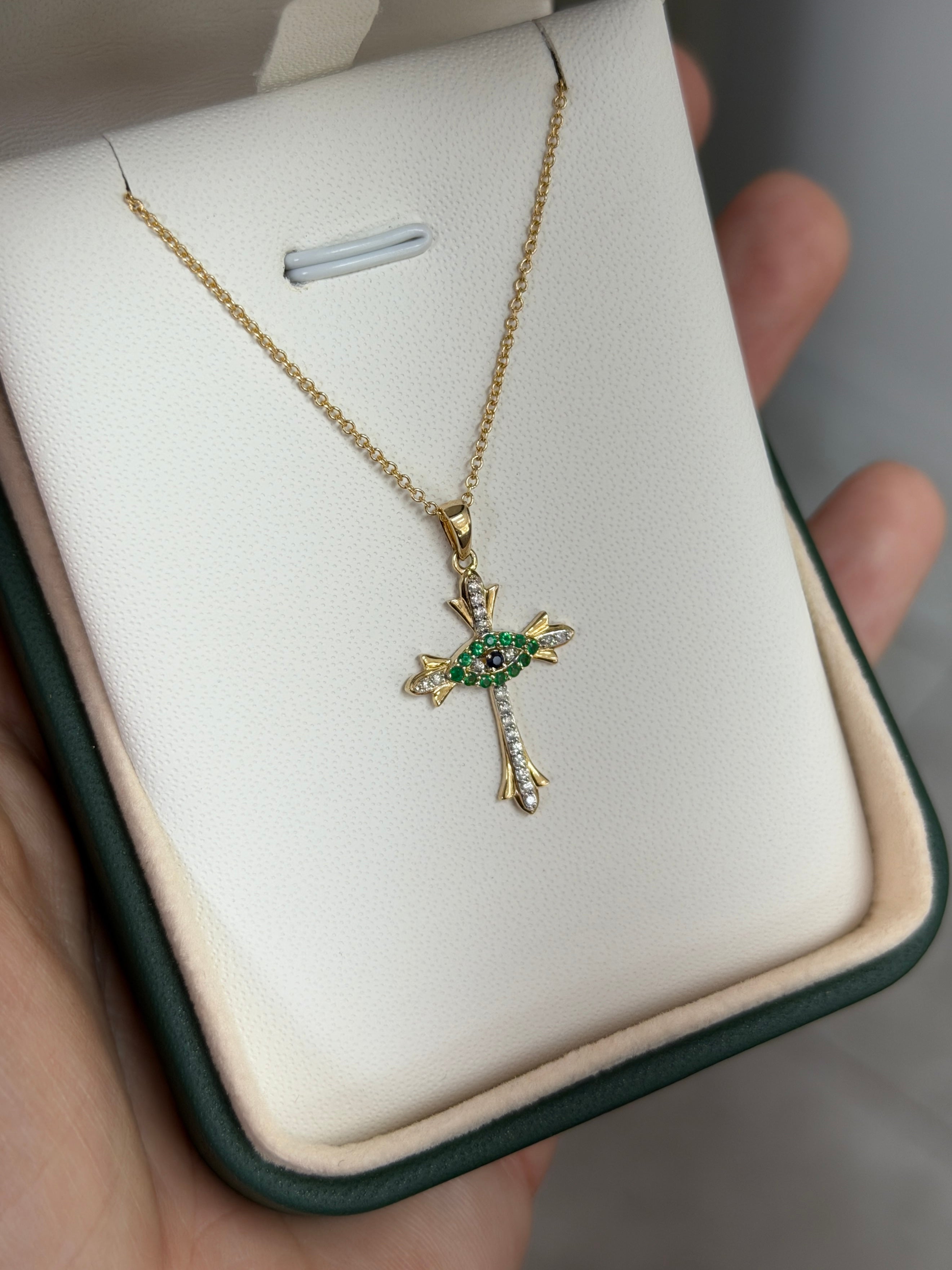 Evil Eye Cross In Natural Emerald, Diamonds, & Sapphire Necklace 14K