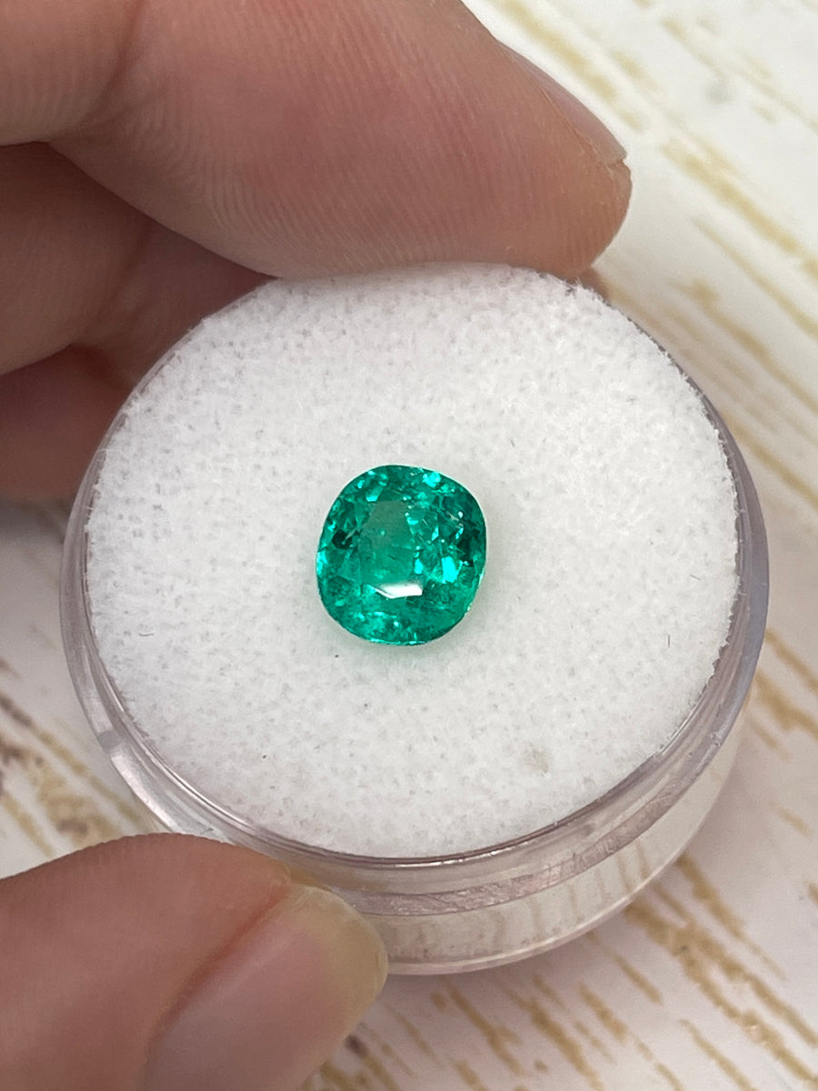 AAA+ Bluish Green Colombian Emerald - 1.54 Carat Cushion-Cut Gemstone