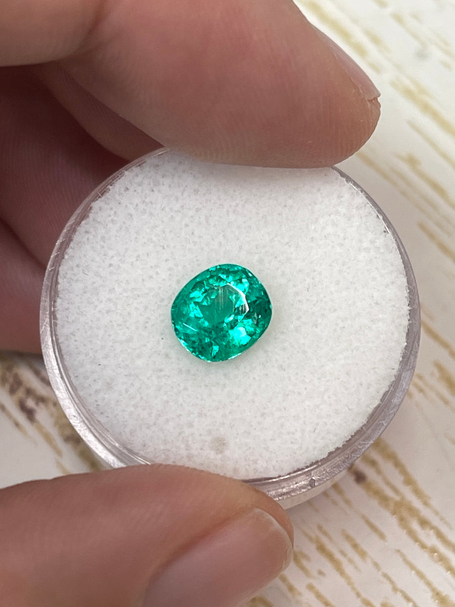 1.54 Carat Loose Colombian Emerald - Premium Bluish Green Cushion Cut