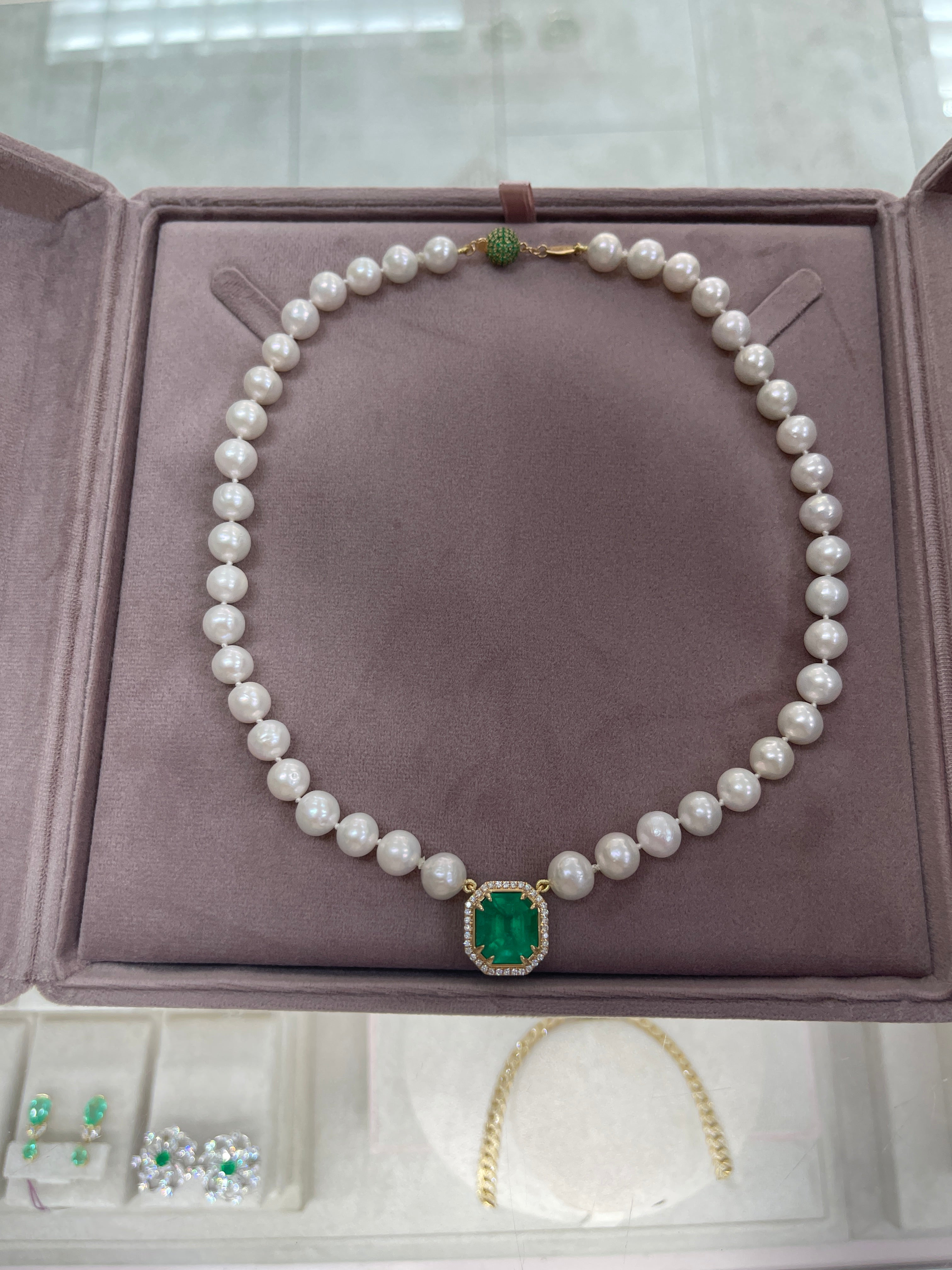 7.82 Carat Colombian Emerald & Diamond Halo Akoya Pearl 18K Necklace