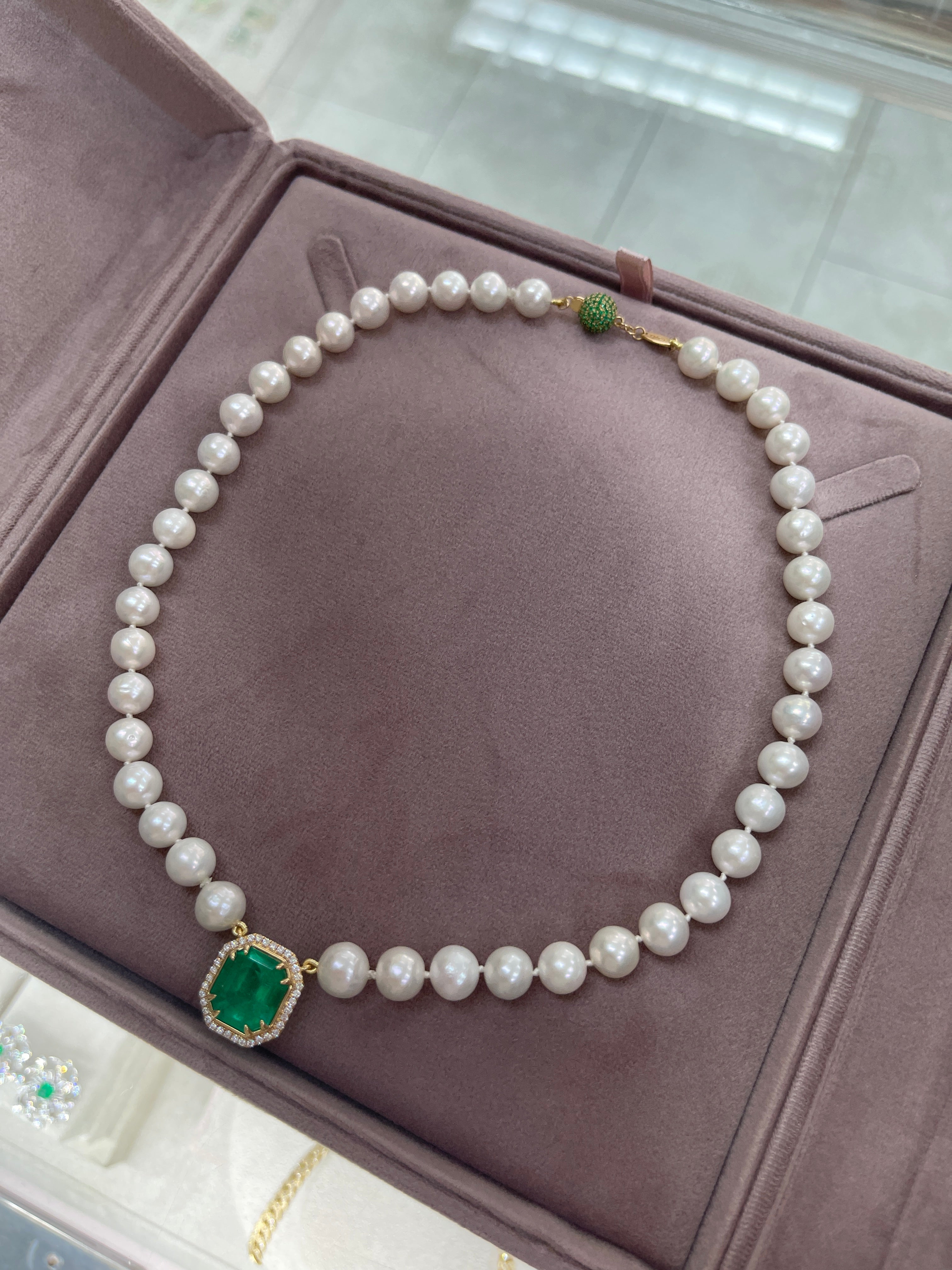 7.82 Carat Colombian Emerald & Diamond Halo Akoya Pearl 18K Necklace