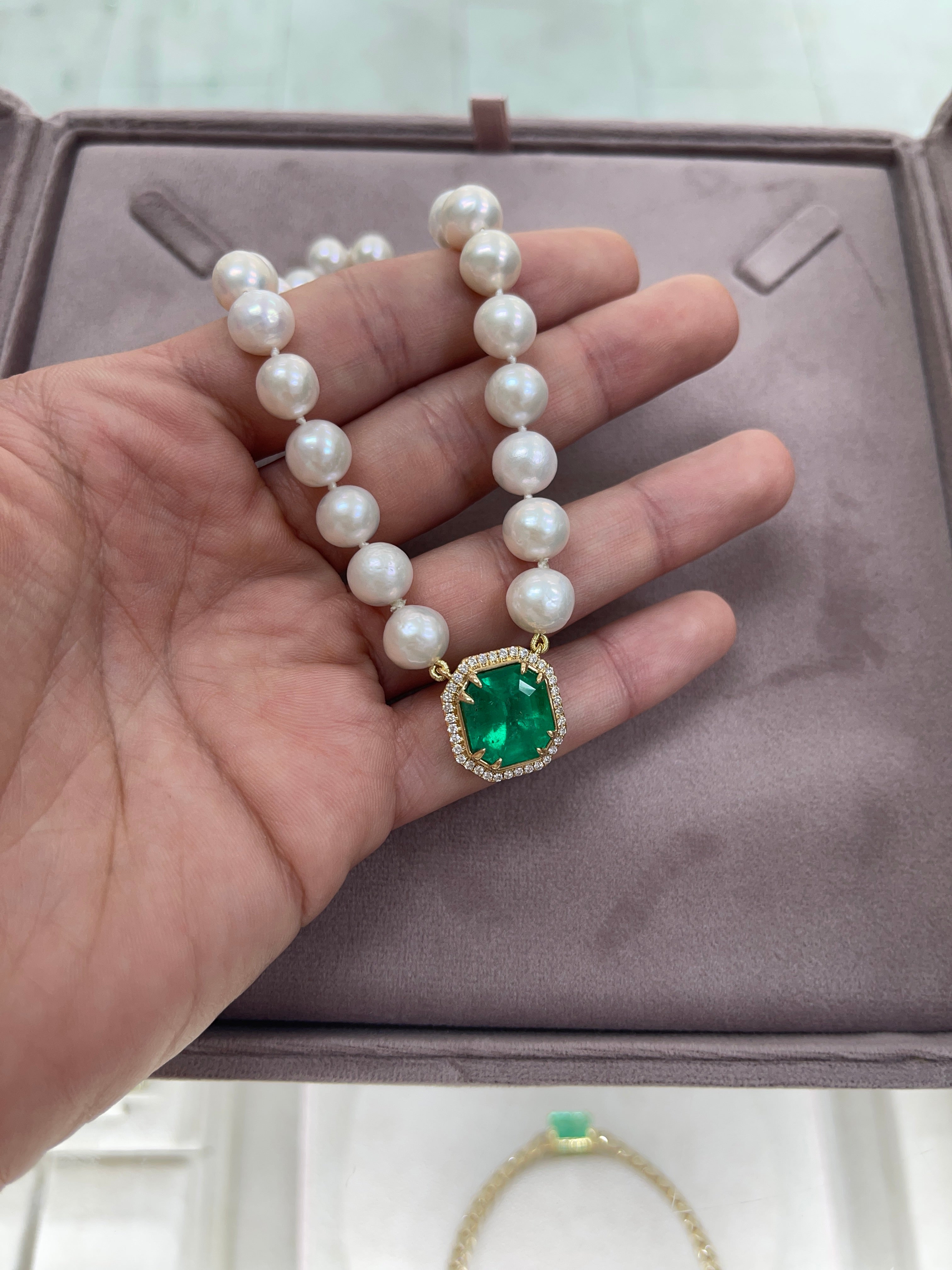 7.82 Carat Colombian Emerald & Diamond Halo Akoya Pearl 18K Necklace