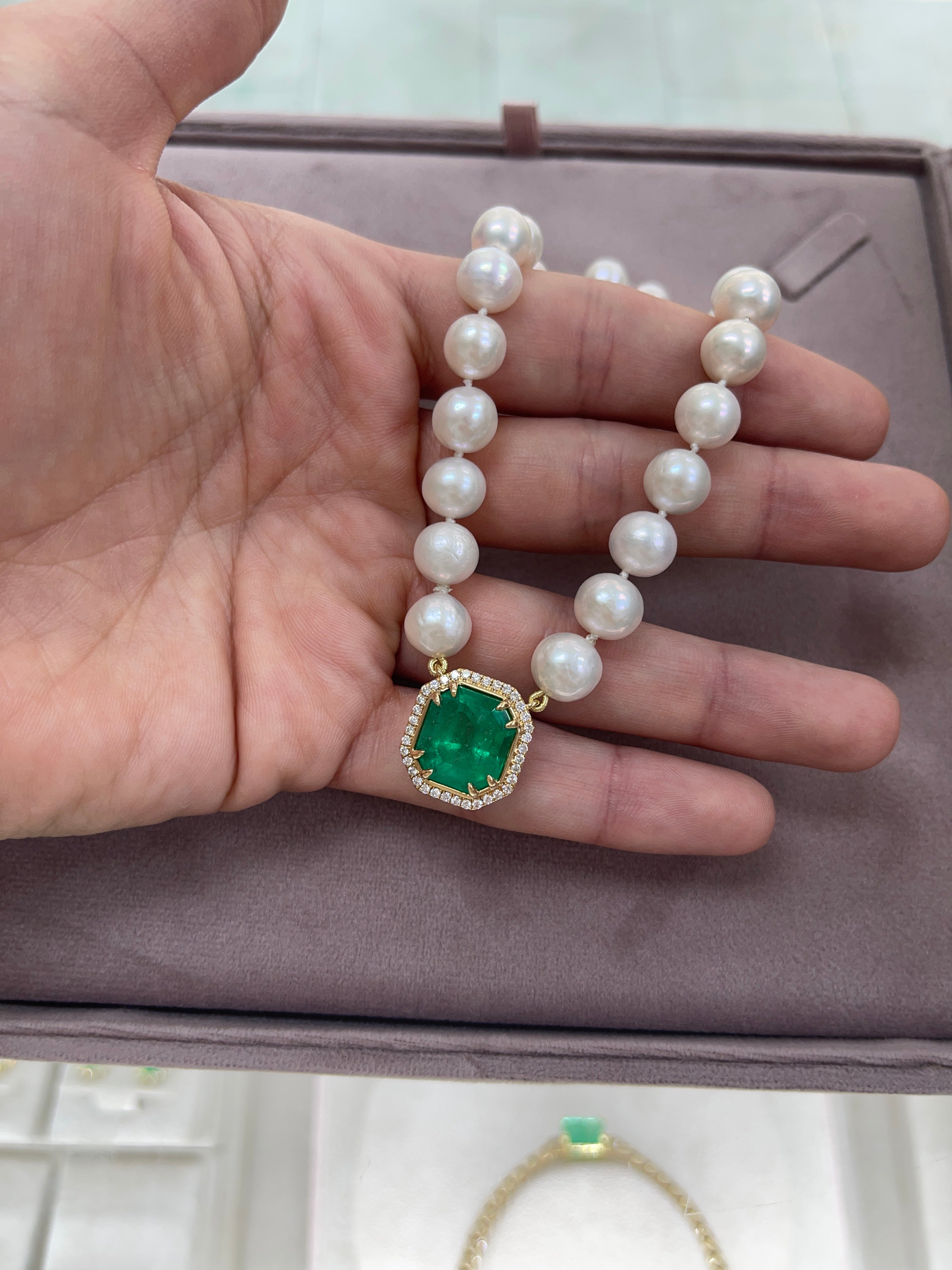 7.82 Carat Colombian Emerald & Diamond Halo Akoya Pearl 18K Necklace