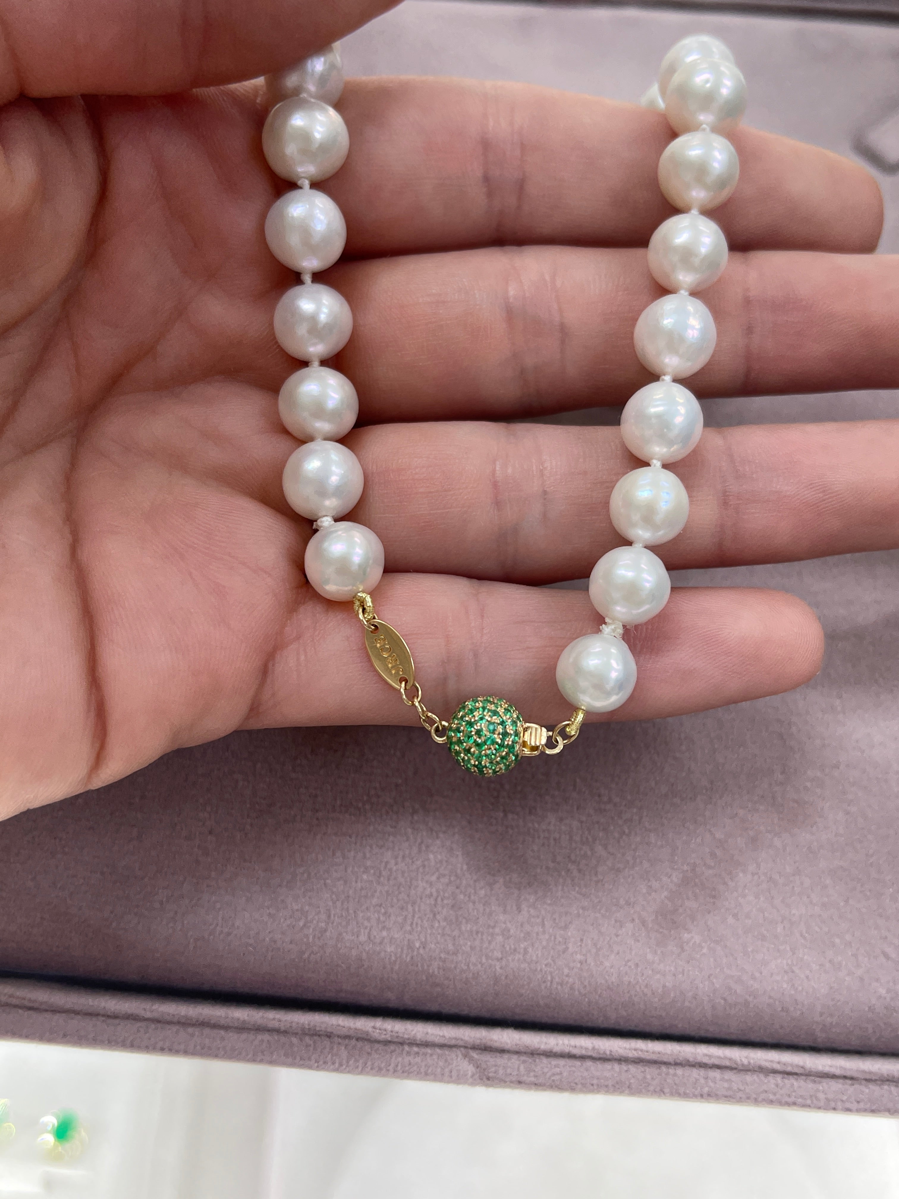 7.82 Carat Colombian Emerald & Diamond Halo Akoya Pearl 18K Necklace