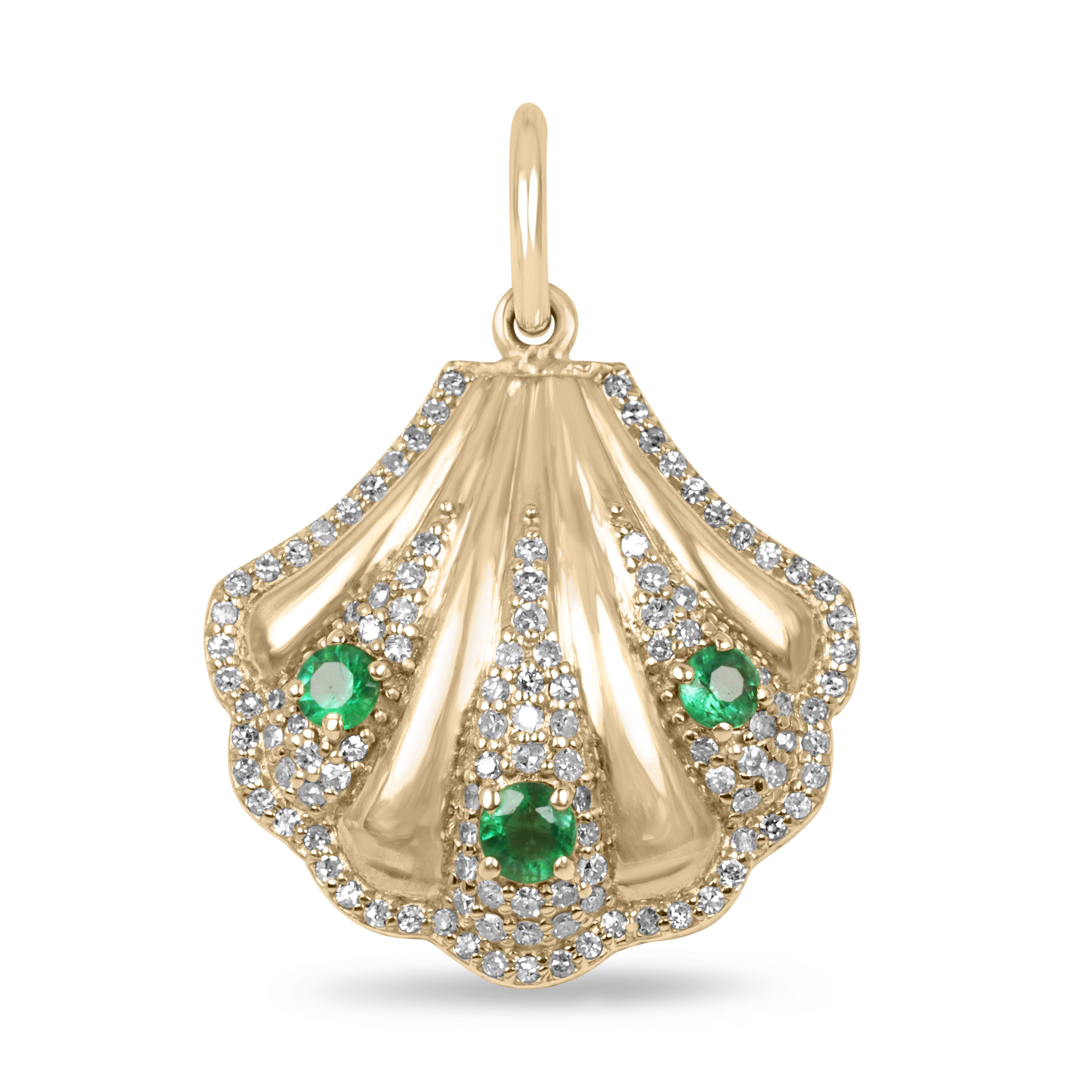 0.63tcw 14K Gold Diamond & Emerald Seashell Pendant