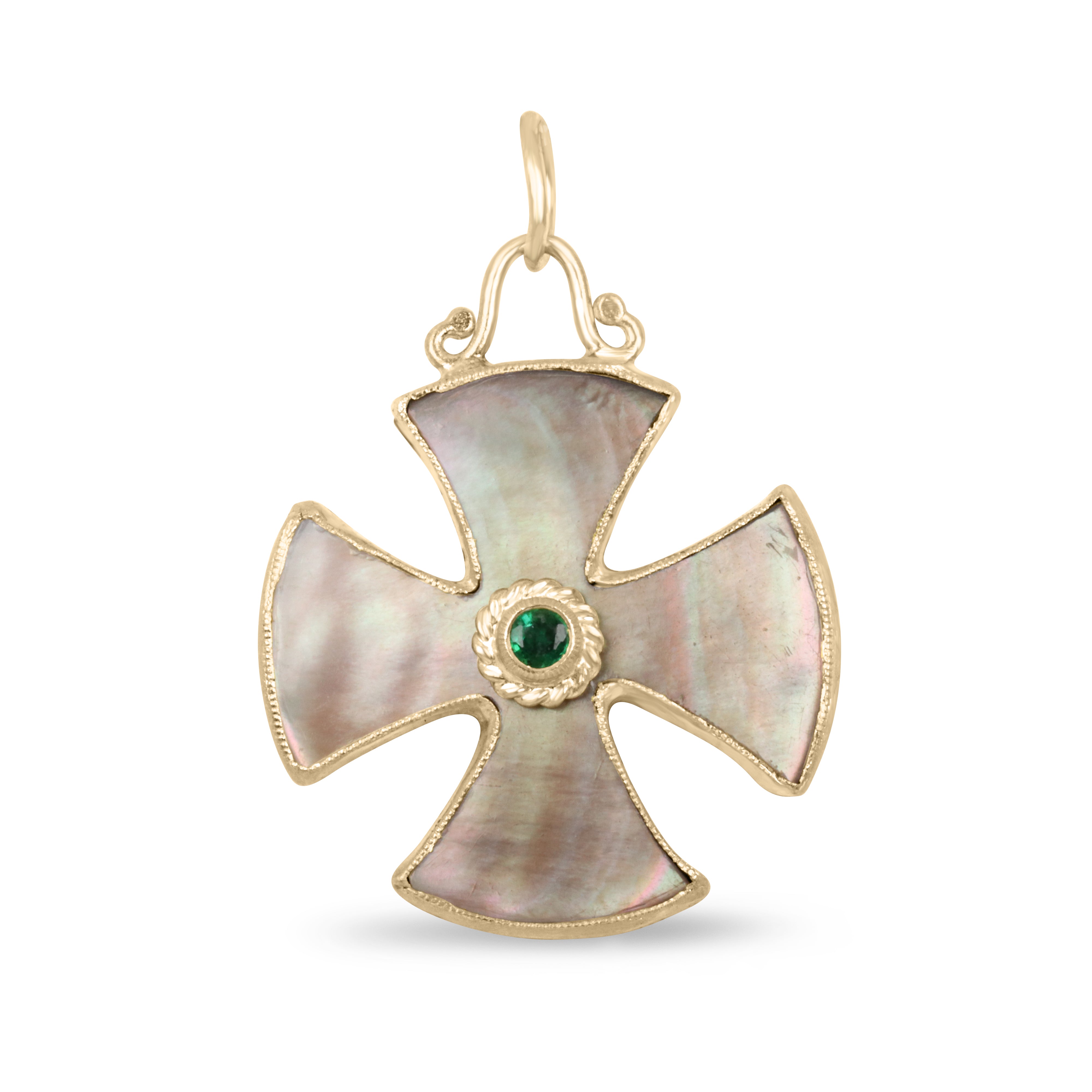 Byzantine 24K Gold & Mother of Pearl Maltese Emerald Cross - JR Colombian Emeralds