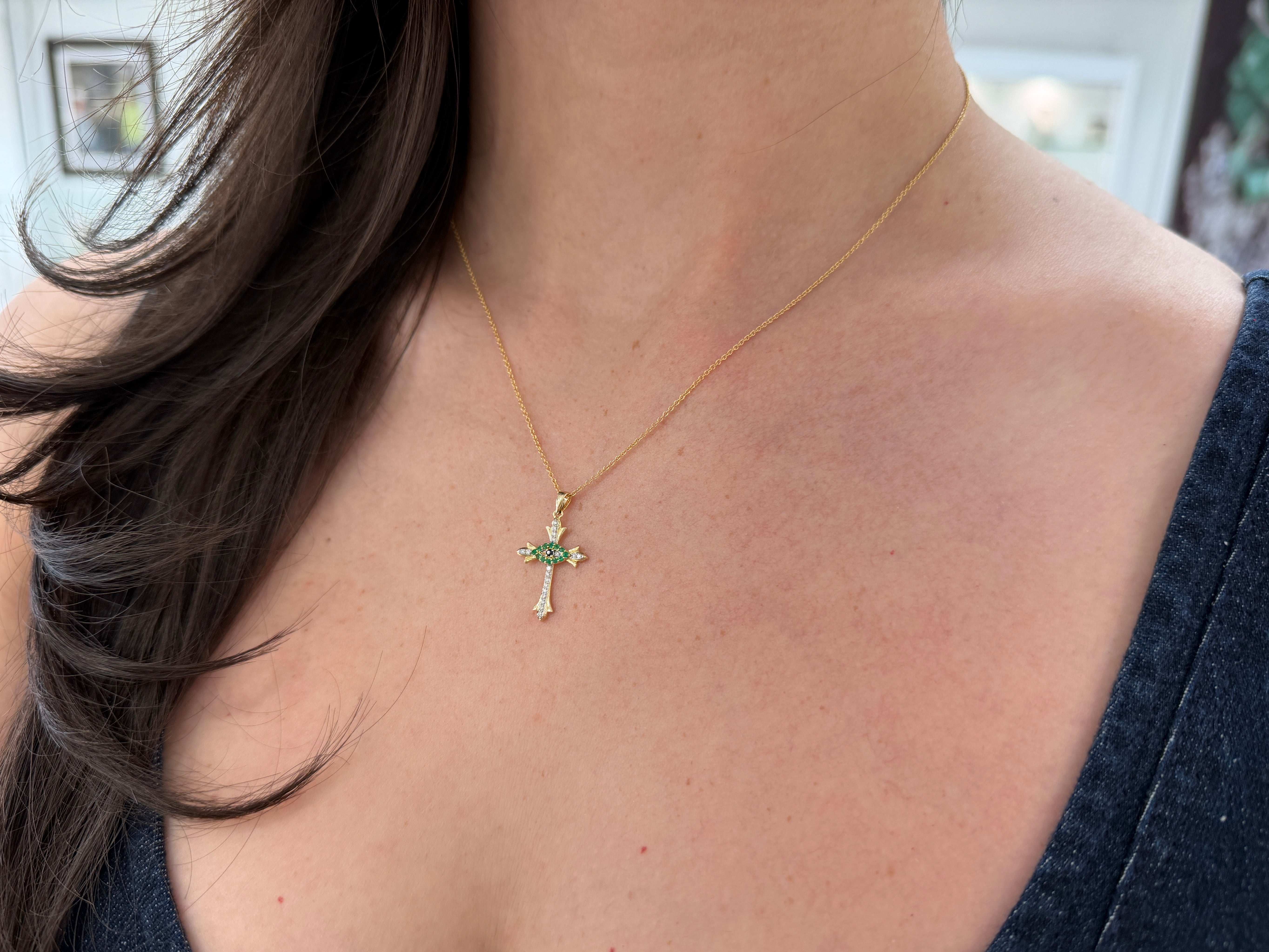 Evil Eye Cross In Natural Emerald, Diamonds, & Sapphire Necklace 14K