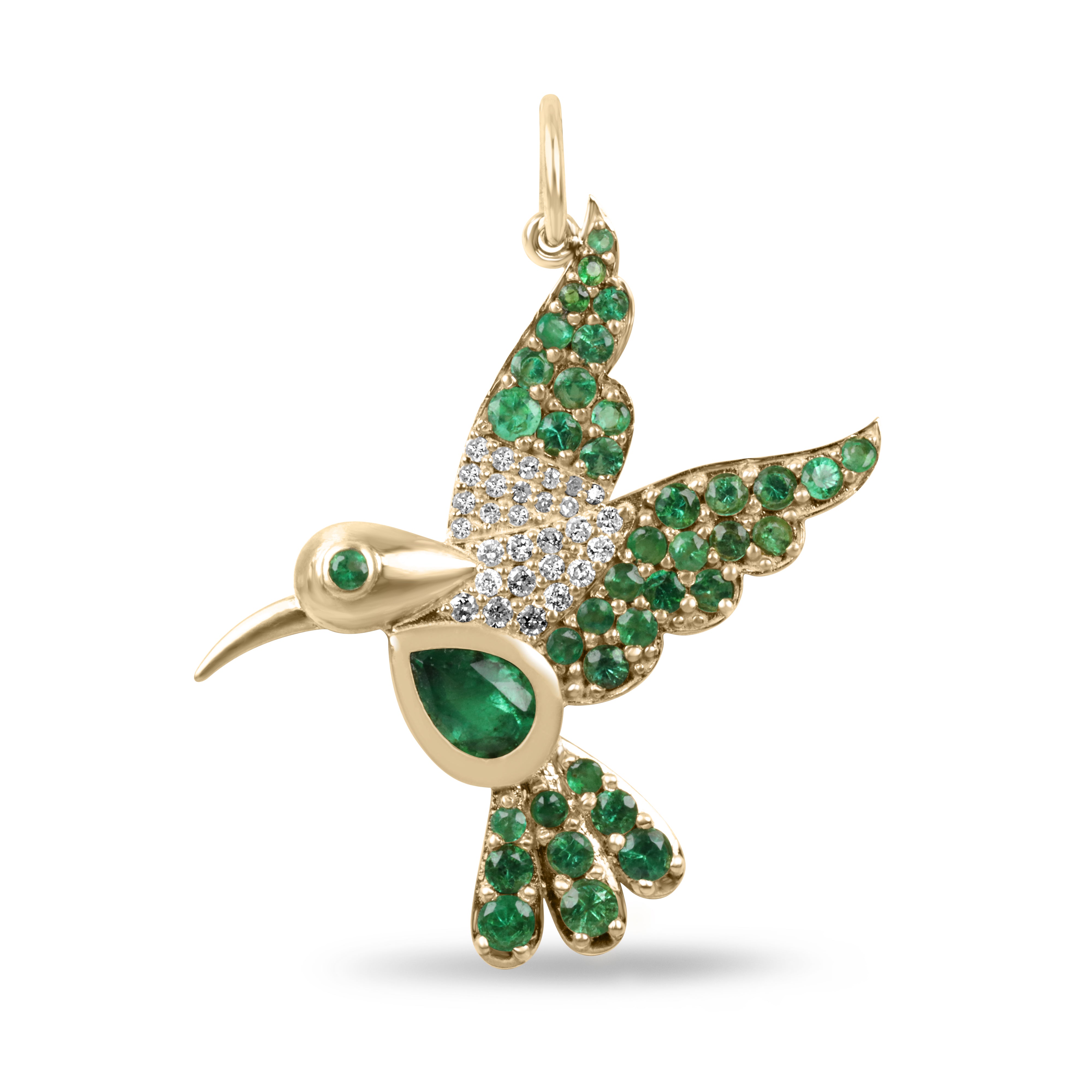 2.16tcw Natural Emerald & Diamond Hummingbird Pendant 14K